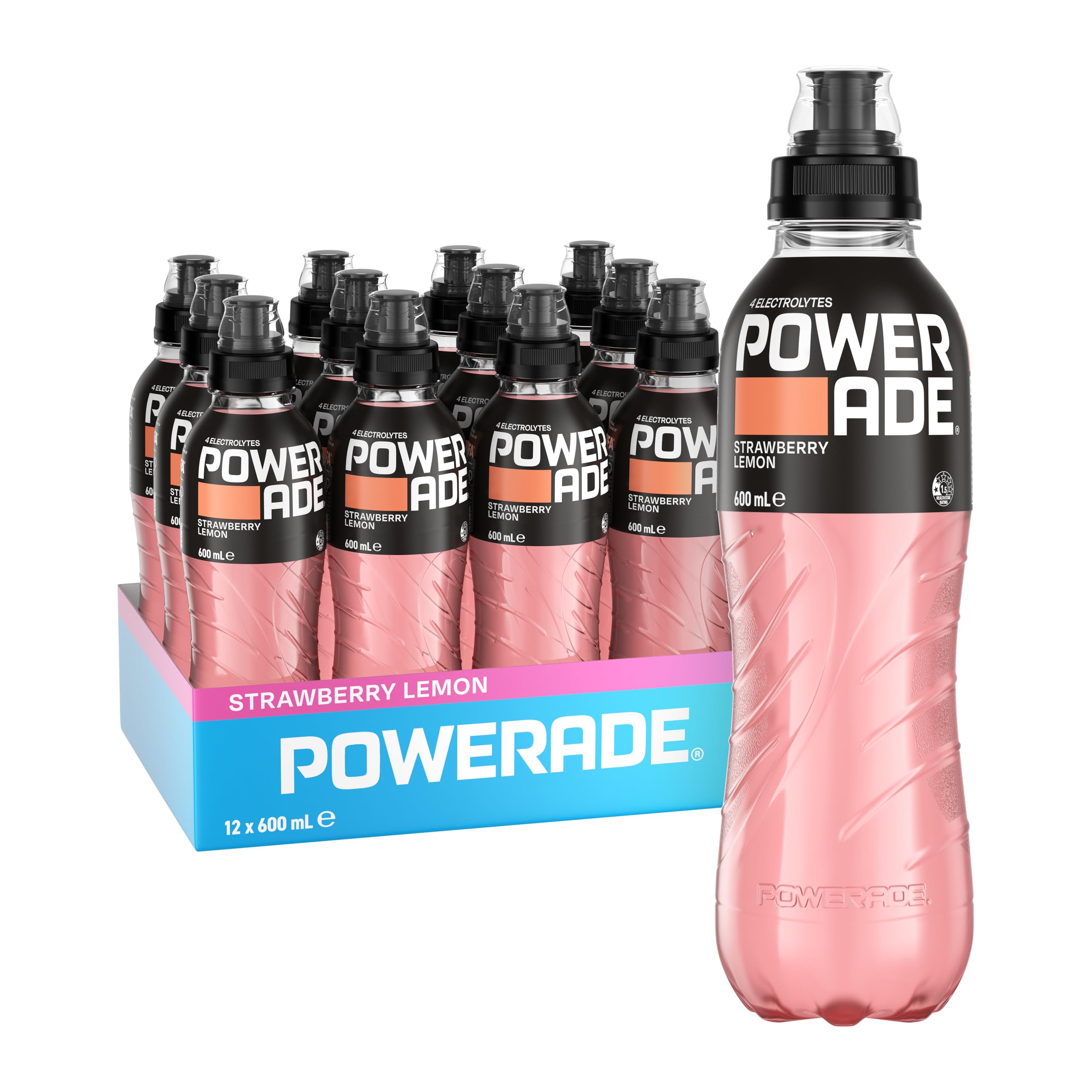 Powerade ION4 Strawberry & Lemon Sports Drink Sipper Cap Multipack Bottles 12 x 600mL