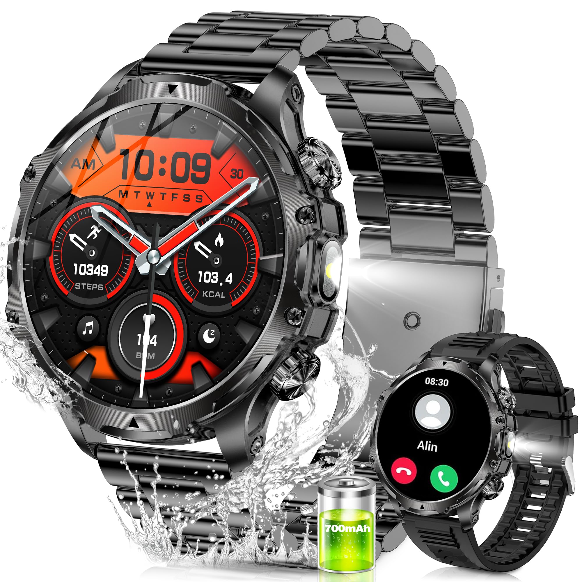 Montre Connectée Homme avec 1.9'' Grand Écran Acier Inoxydable Smartwatch Homme LED Lampe de Poche, Appel Bluetooth Fréquence Cardiaque Sommeil Surveillance Sportifs Podomètre Étanche IP68