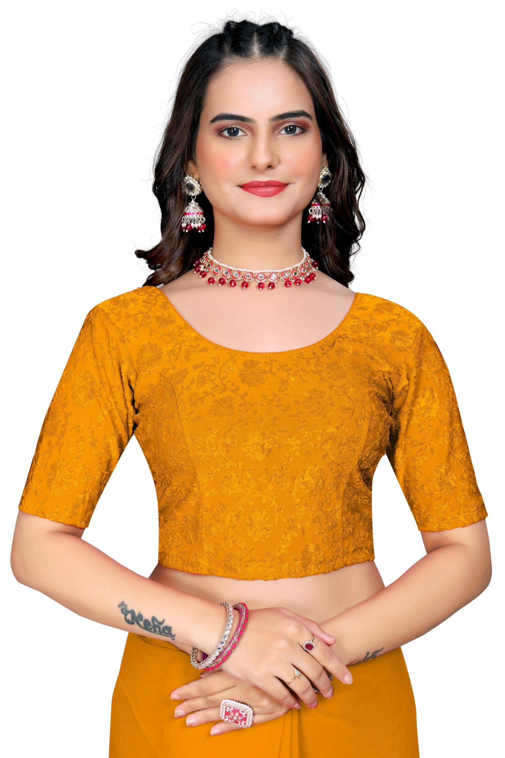 Women's Slim Fit Readymade Stretchy Jacquard Floral Saree Blouse-image-40