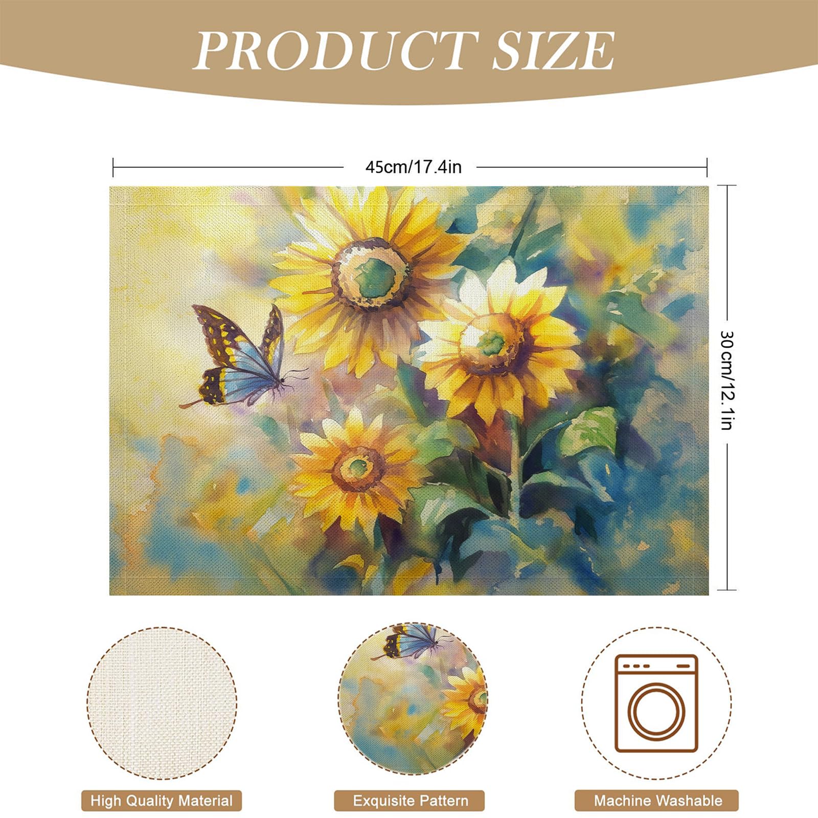 Set di 8 Tovagliette Americane Lavabili Cotone Lino Retrò - Tovaglietta Americana Resistenti al Calore Durevole Farfalla girasole - per Colazione Pranzo 30×45 cm
