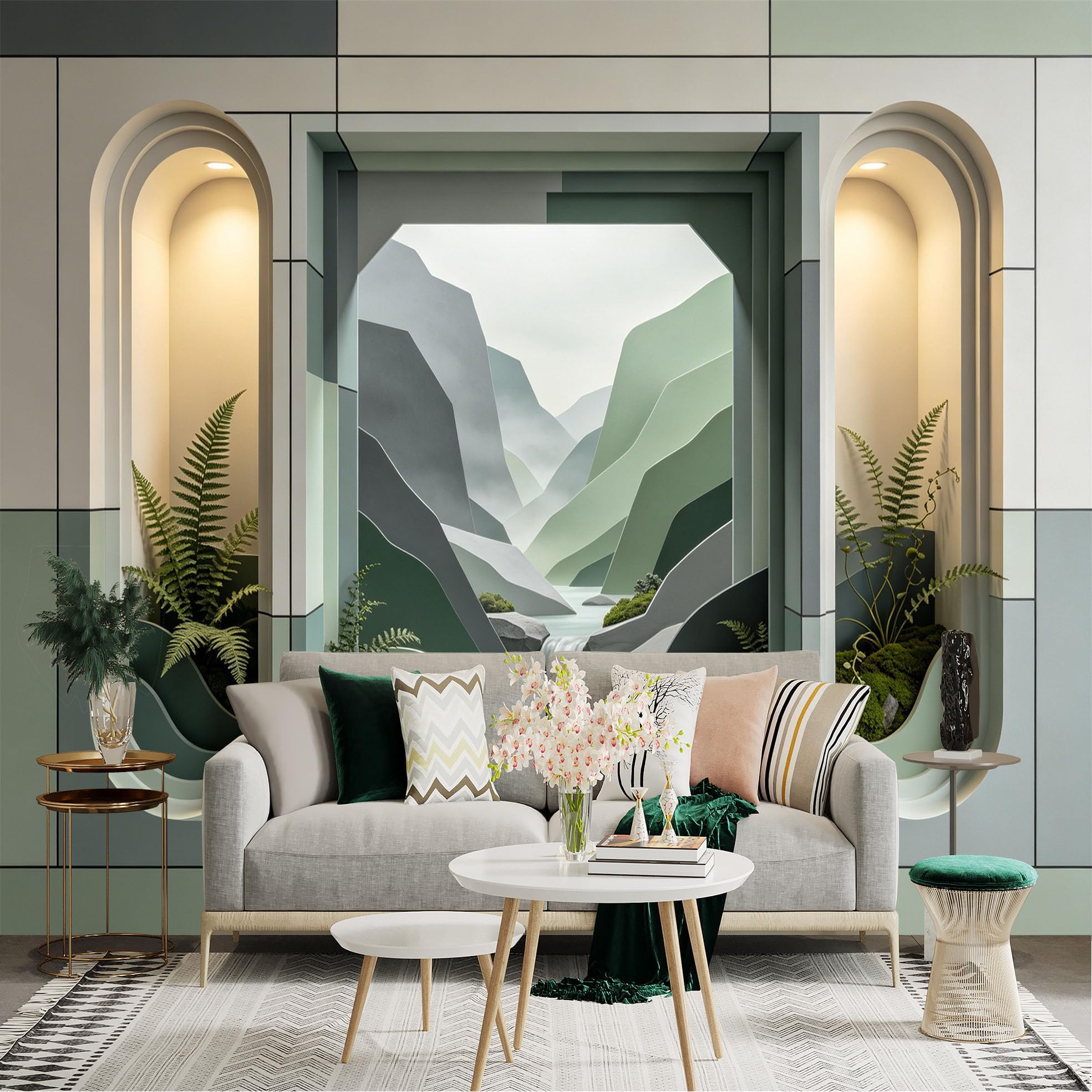 Custom Size Wall Sticker Mural， Abstract Mountain Valley with Waterfall and Green Leaves， for wall Decoration， peelandstick wall Decals.