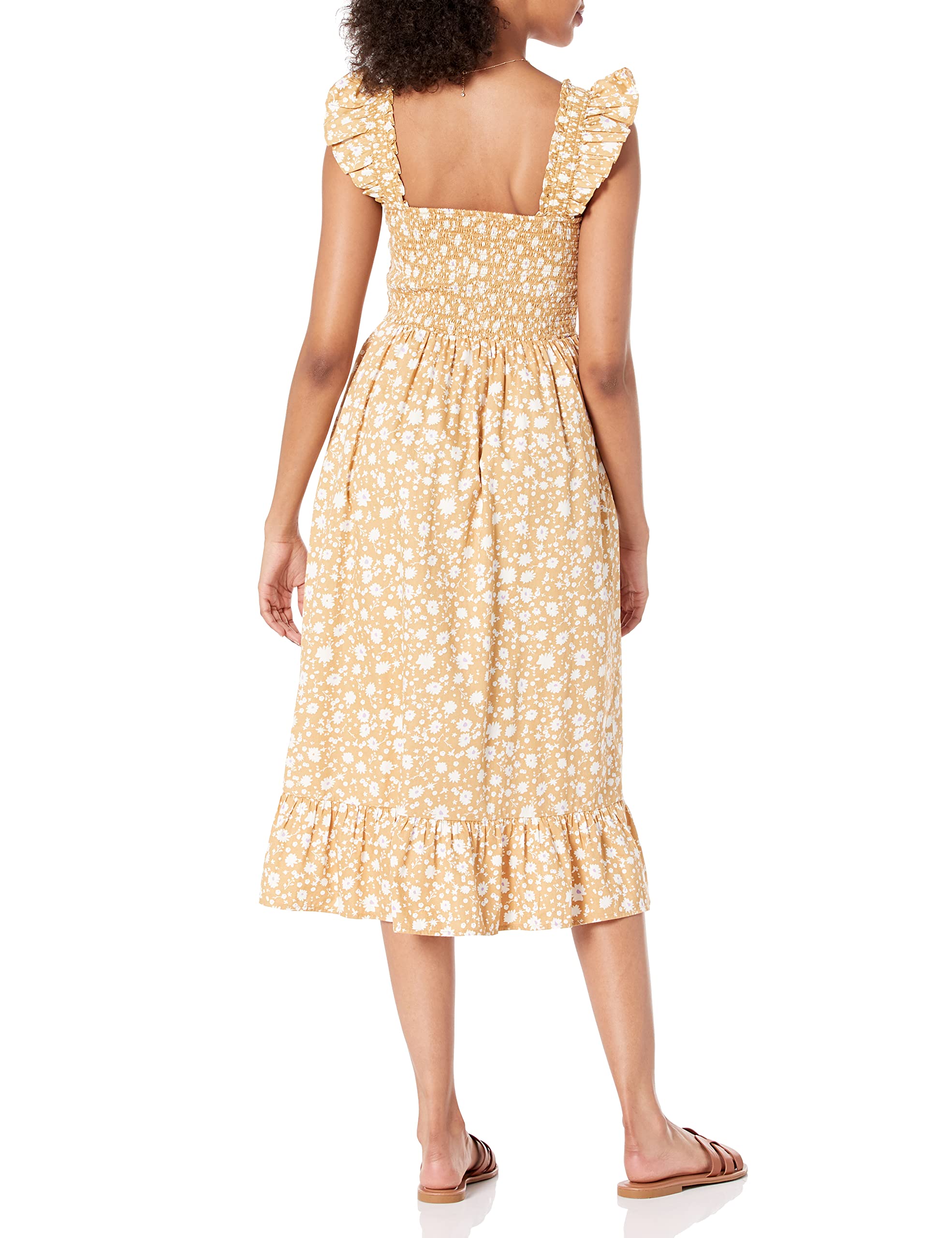 The Drop Vestido midi Kimi para mujer, fruncidos y tirantes con volantes