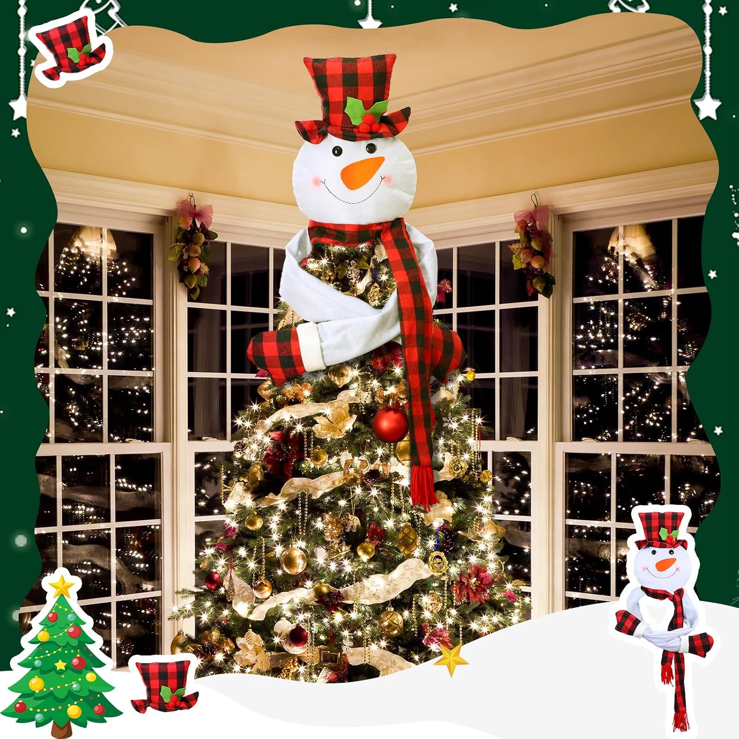 Soaoo 2 Pcs Christmas Tree Topper Snowman Tree Topper with Red Black Plaid Top Hat & Scarf Top Hat Snowmen Hug Treetop Xmas Home Ornament Holiday Winter Party Decorations