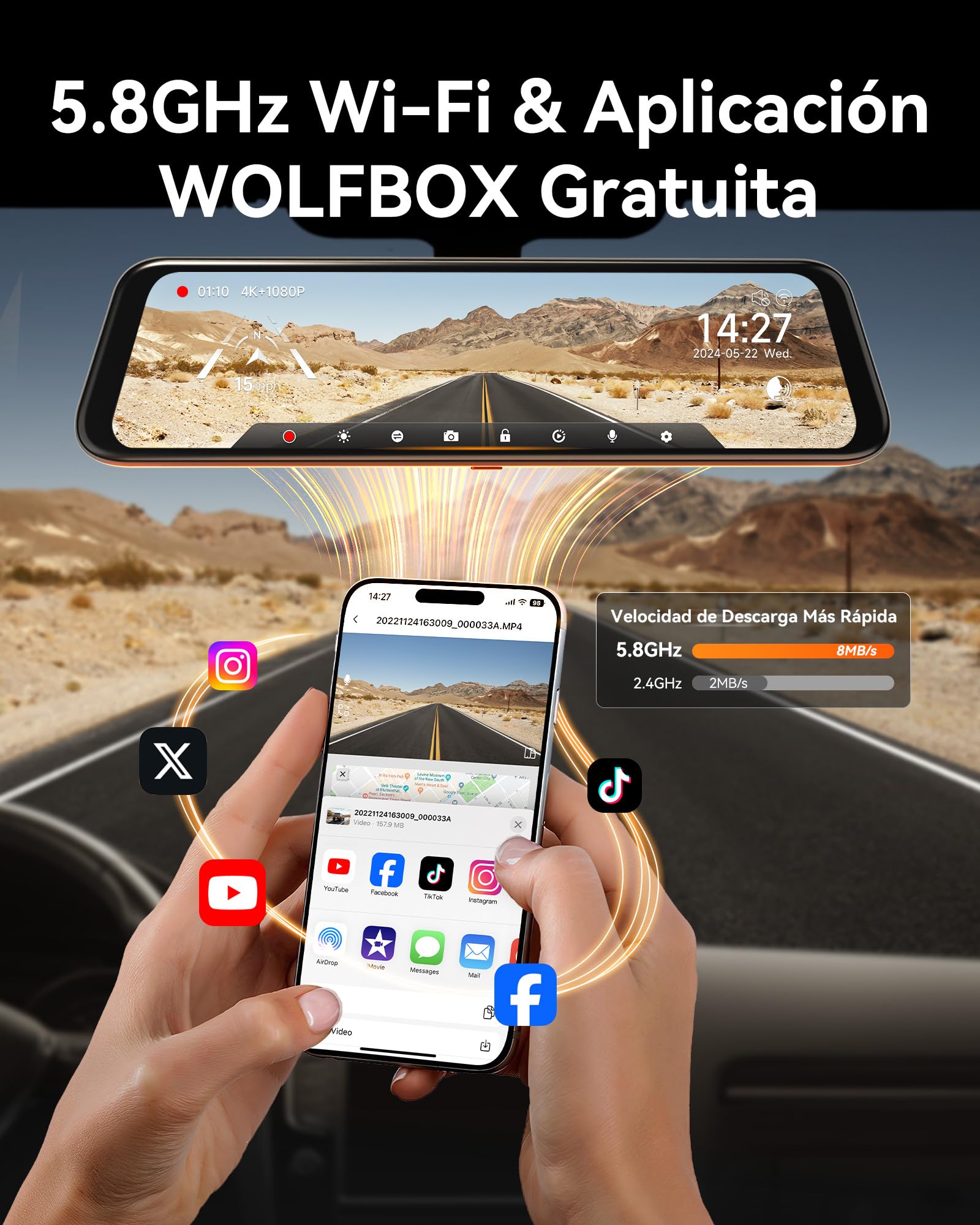 WOLFBOX G850 4K Mirror Dash CAM con 5.8GHz WiFi y Control de Voz, Cámara de Espejo Retrovisor de 12'' para Automóvil Delantera y Trasera, Monitoreo de Estacionamiento, Tarjeta de 64 GB y GPS