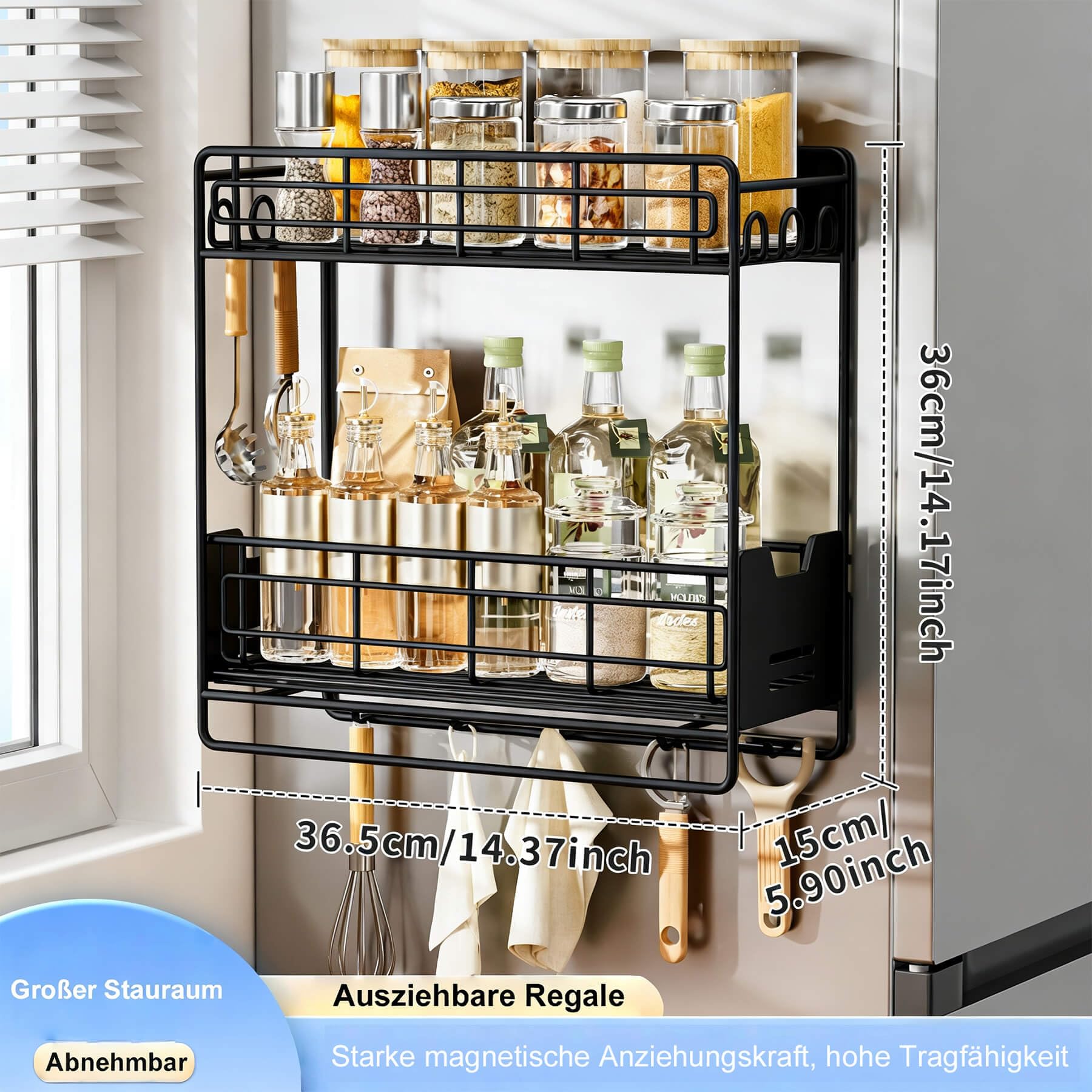 Étagère à épices magnétique pour réfrigérateur avec couches extractibles, organiseur à épices magnétique pour réfrigérateur, double étagère en métal avec 5 crochets