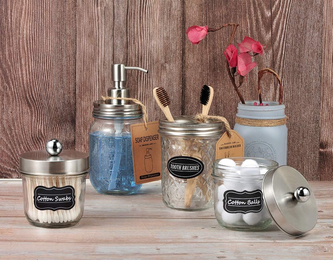 Amolliar Mason Jar Bathroom Accessories Set(4 Pack) - Lotion Soap Dispenser&Qtip Holder Set&Toothbrush Holder-Rustic Farmhouse Decor Apothecary Jar Bathroom Countertop,Vanity Organize (Brushed Nickel) : Home & Kitchen