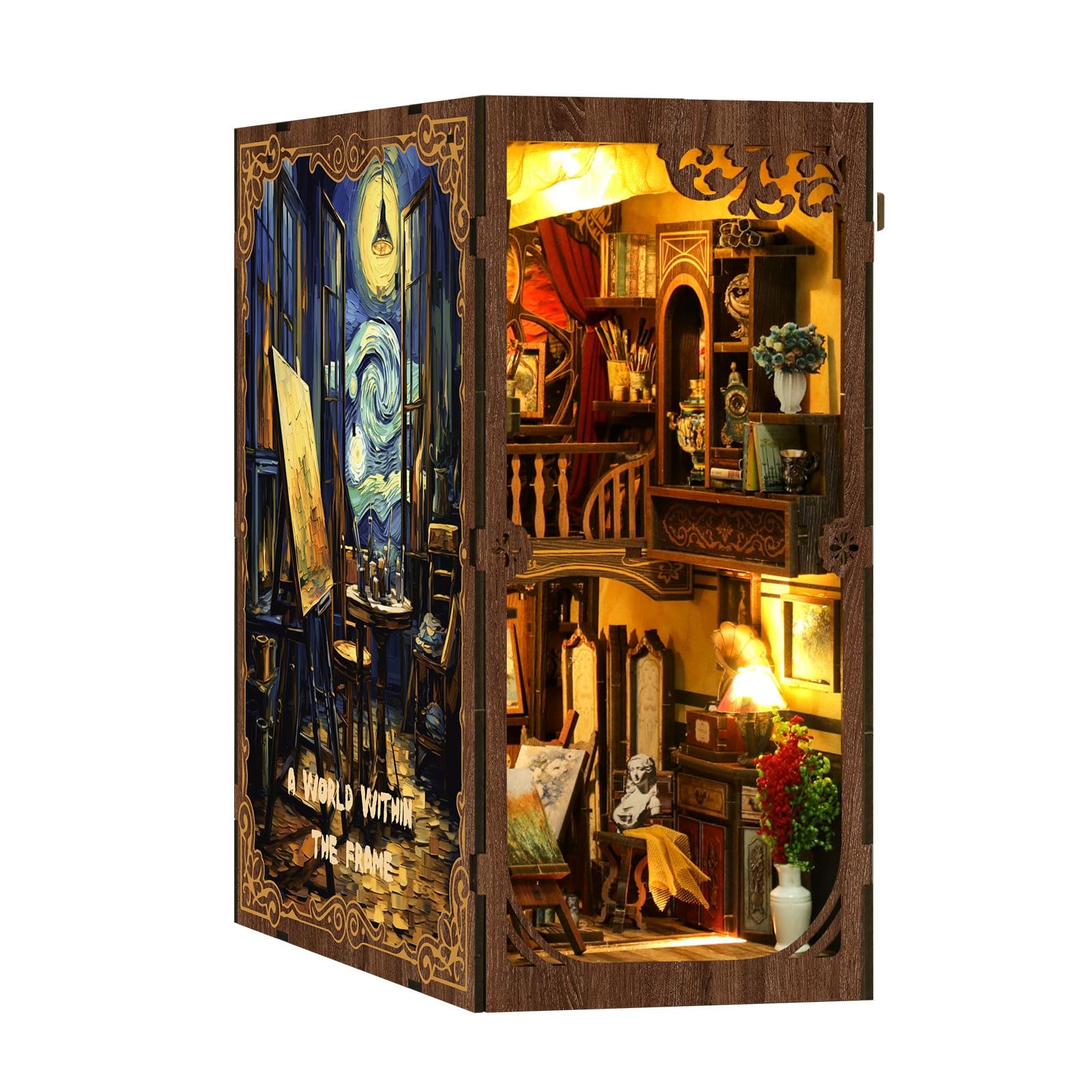 MaHo Book Nook A World Within the Frame - Van Gogh - DIY Miniatur-Diorama fürs Bücherregal, 344 Teile, 11 x 18 x 23 cm, ab 12 Jahren - Booknook Diorama Modellbau Miniatur Bausatz - 3D Puzzle