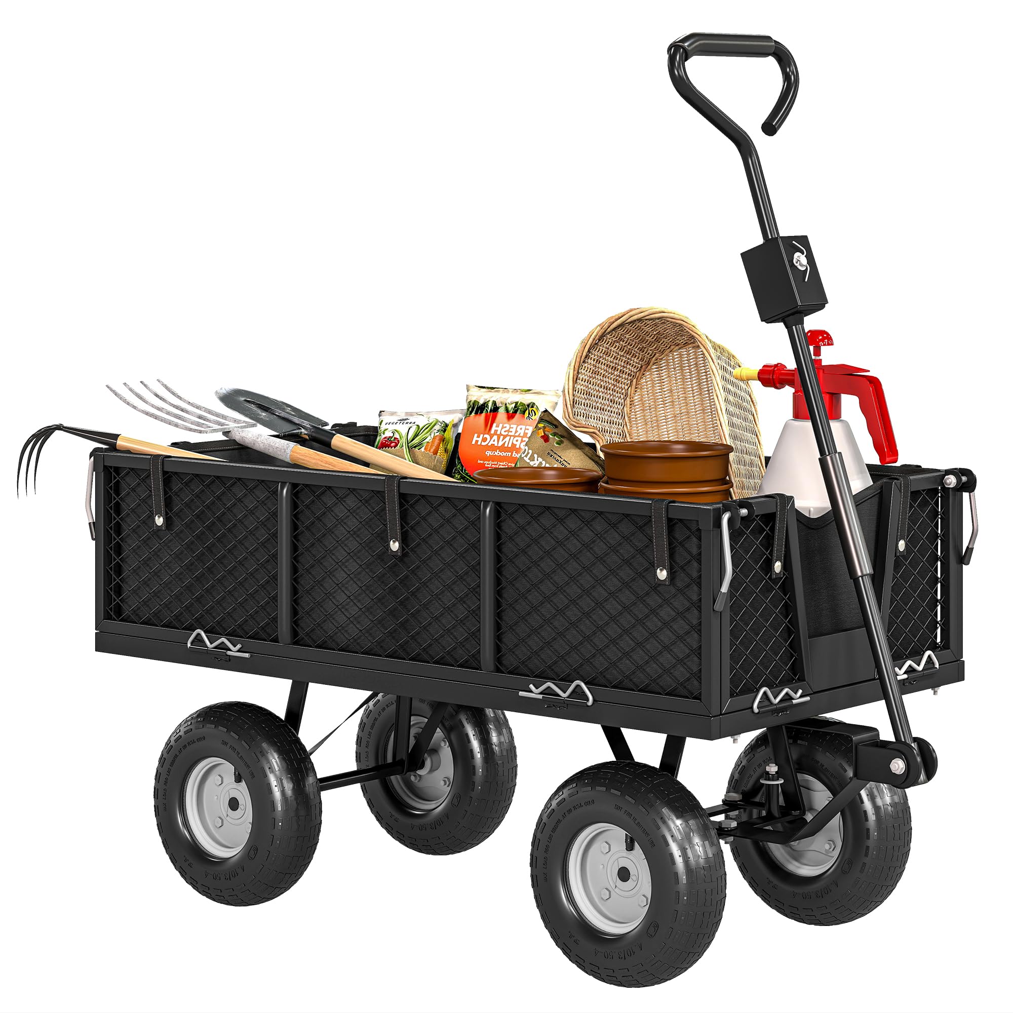 Outsunny Carrito de Jardín con Ruedas Grandes, Carga 300 kg, Carro de Mano con Asa Ajustable y Bolsa Impermeable Removible, Carrito de Transporte para Todo Terreno, Compra, Camping, Negro