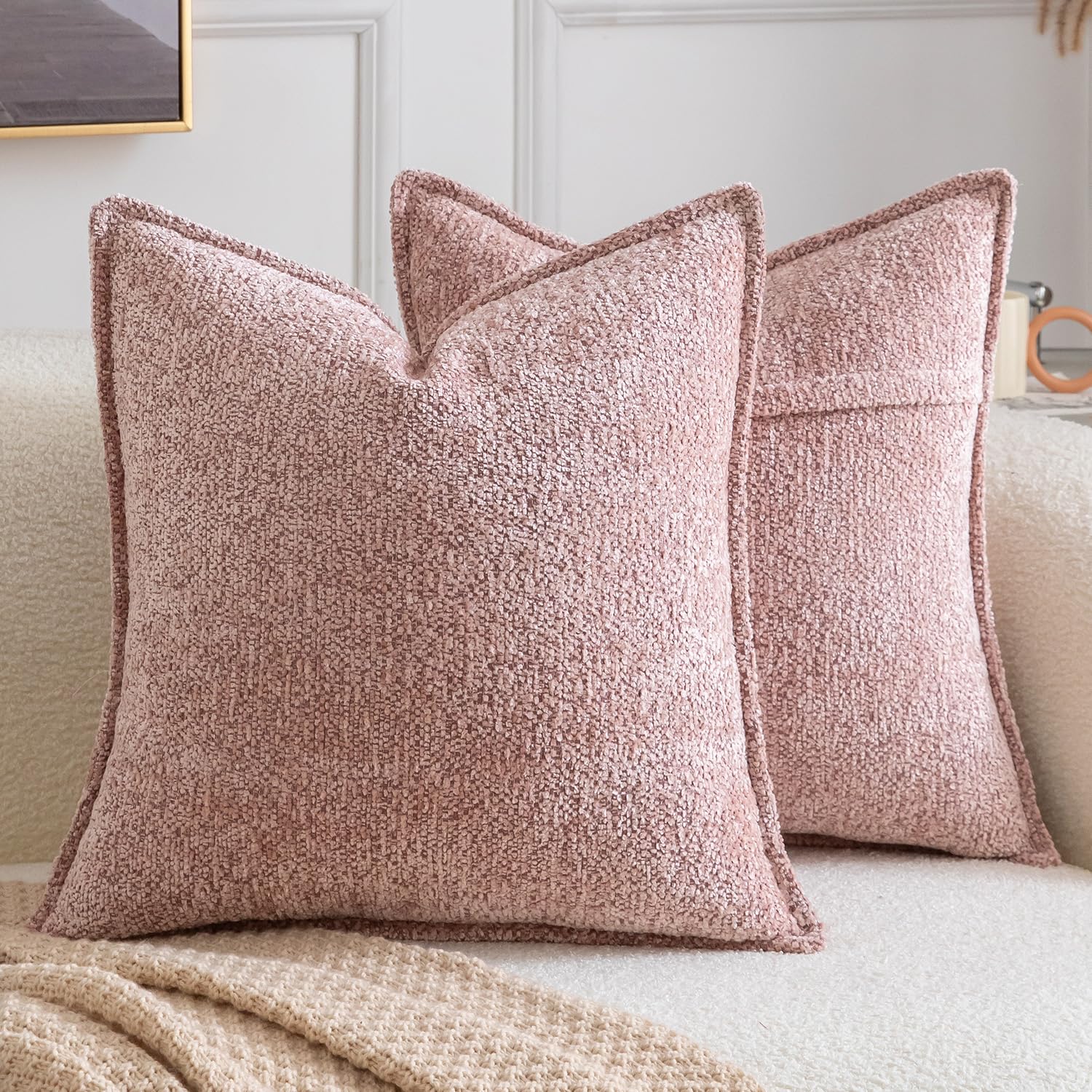 Madizz Pack of 2 Decorative Cushion Covers Boho Soft Textured Chenille Throw Pillows Solid Pillow Covers for Couch Sofa Bedroom Living Room 45x45 CM, Pink