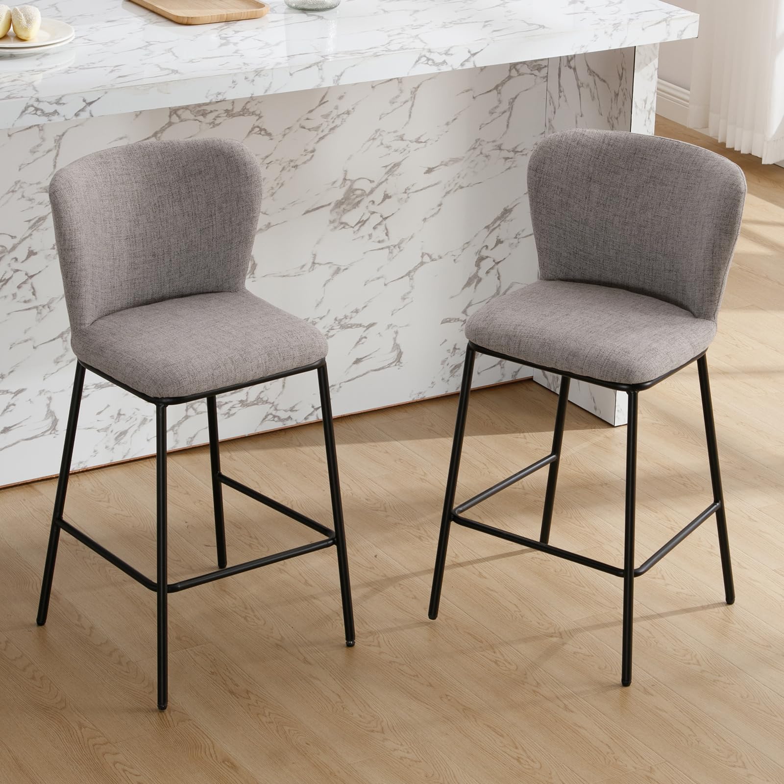 Ya-Home 2X Taburetes Bar de Lino Sillas Altas de Cocina Moderna con Respaldo Cómodo,Taburetes Altos de Mostrador sin Brazos Desayuno Sillas de Bar Sencillo para Hogar/Restaurante,Gris
