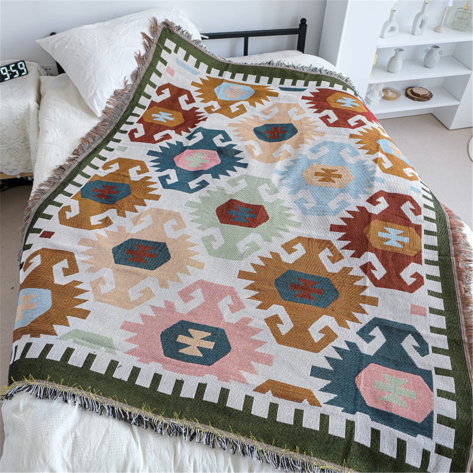 Koc plażowy w stylu boho, dywan ścienny, koc kempingowy, koc piknikowy, dekoracyjny koc na sofę, do salonu, na plażę, do samochodu, na kemping (130 x 180 cm)