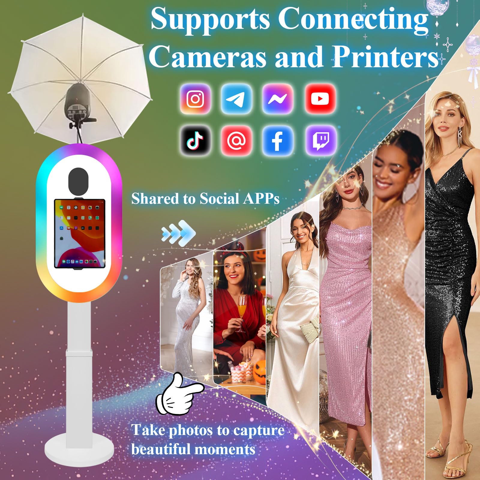Cabina de fotos compatible con iPad de 10.2 a 13 pulgadas con luz RGB y soporte de carcasa de linterna, máquina de fotomatón para selfie, para eventos, alquiler, boda (blanco, máquina de