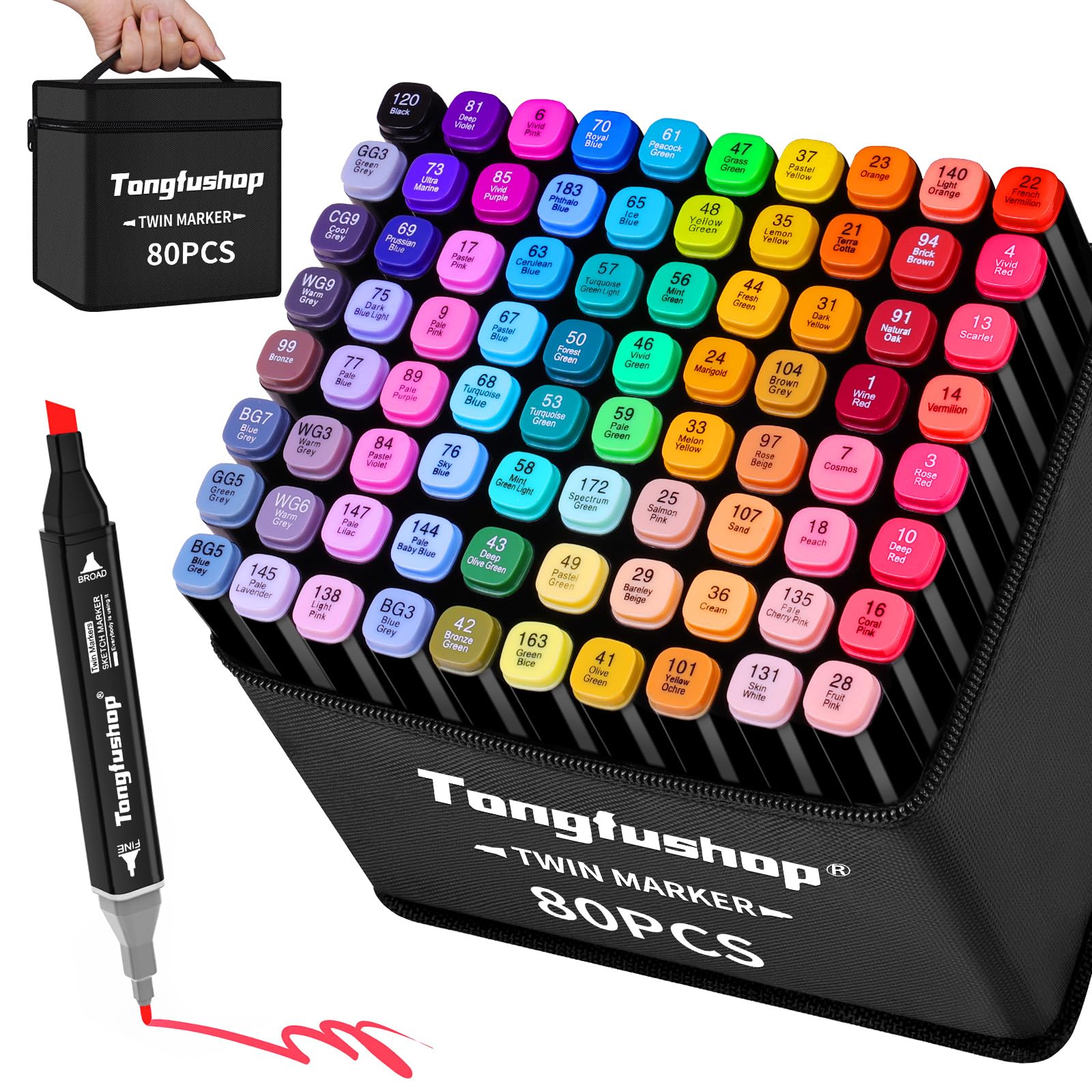 Tongfushop Rotulador de 100 Colores, Rotulador Doble Punta 2S Secado Rápido, Rotuladores Alcohol Permanent con Bolsa de Almacenamiento y Espaciador para Bocetos, Cómics, Colorear, Ilustrar, Esbozar