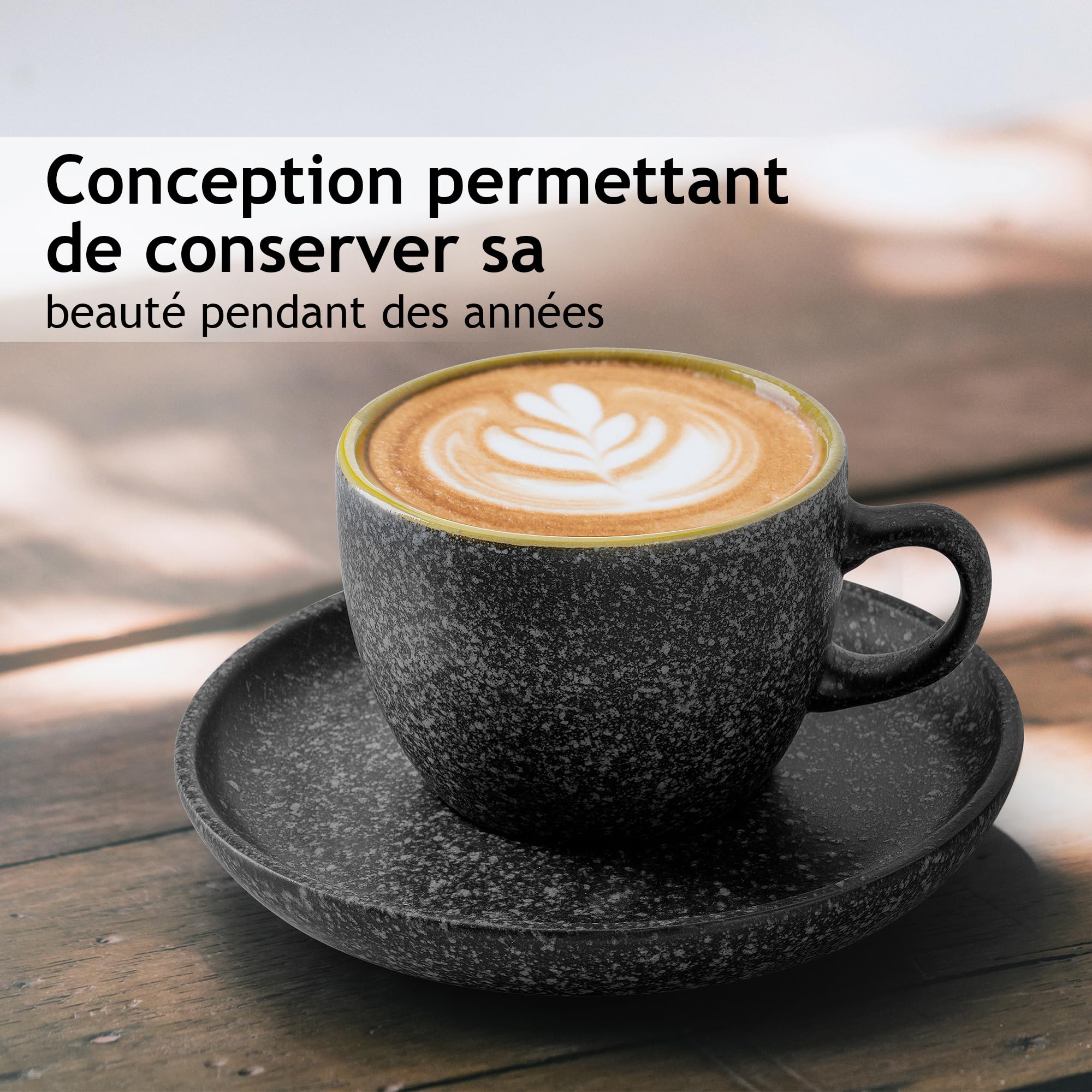 MIAMIO - Tasses à cappuccino empilables en céramique de 190 ml avec soucoupes et support en métal - Ensemble de 6, spéciaux Americano Latte Café Mocha et thé - Collection Las Palmitas