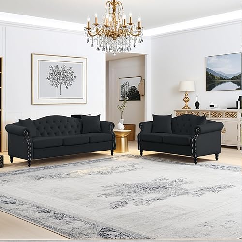 Juego de sofás de 2 piezas de terciopelo negro moderno de 79" para 3 plazas y loveseat de 57", conjunto Chesterfield con botones capitoné y Negro