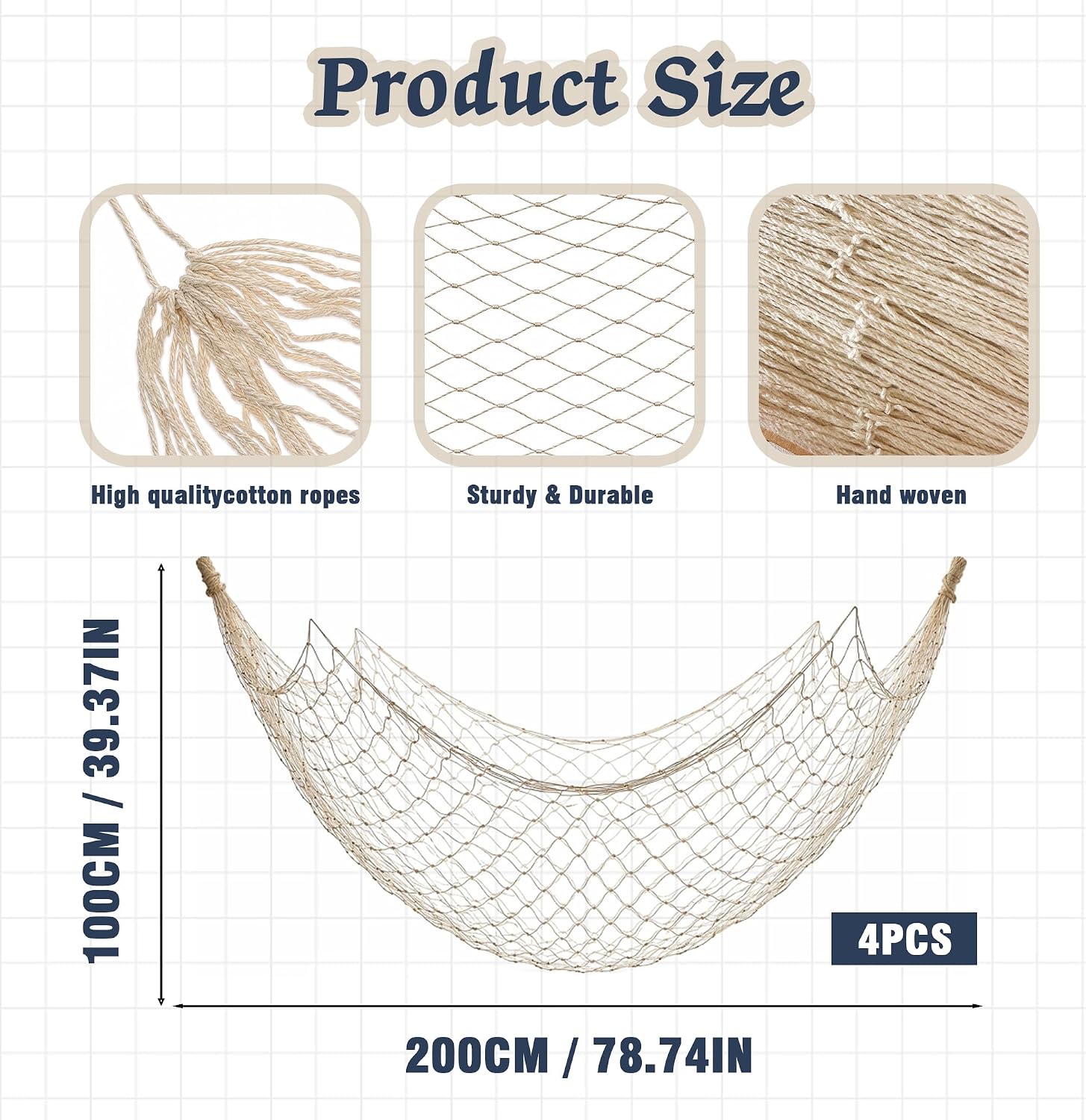 4 Pack Fish Net Decorations, Natural Cotton Fishing Net Decor for Parties | Cotton Decorative Netting Table Runner, 80 x 40 in, for Wall Decor, Table Displays, Photo Backdrops, Parties and DIY Crafts