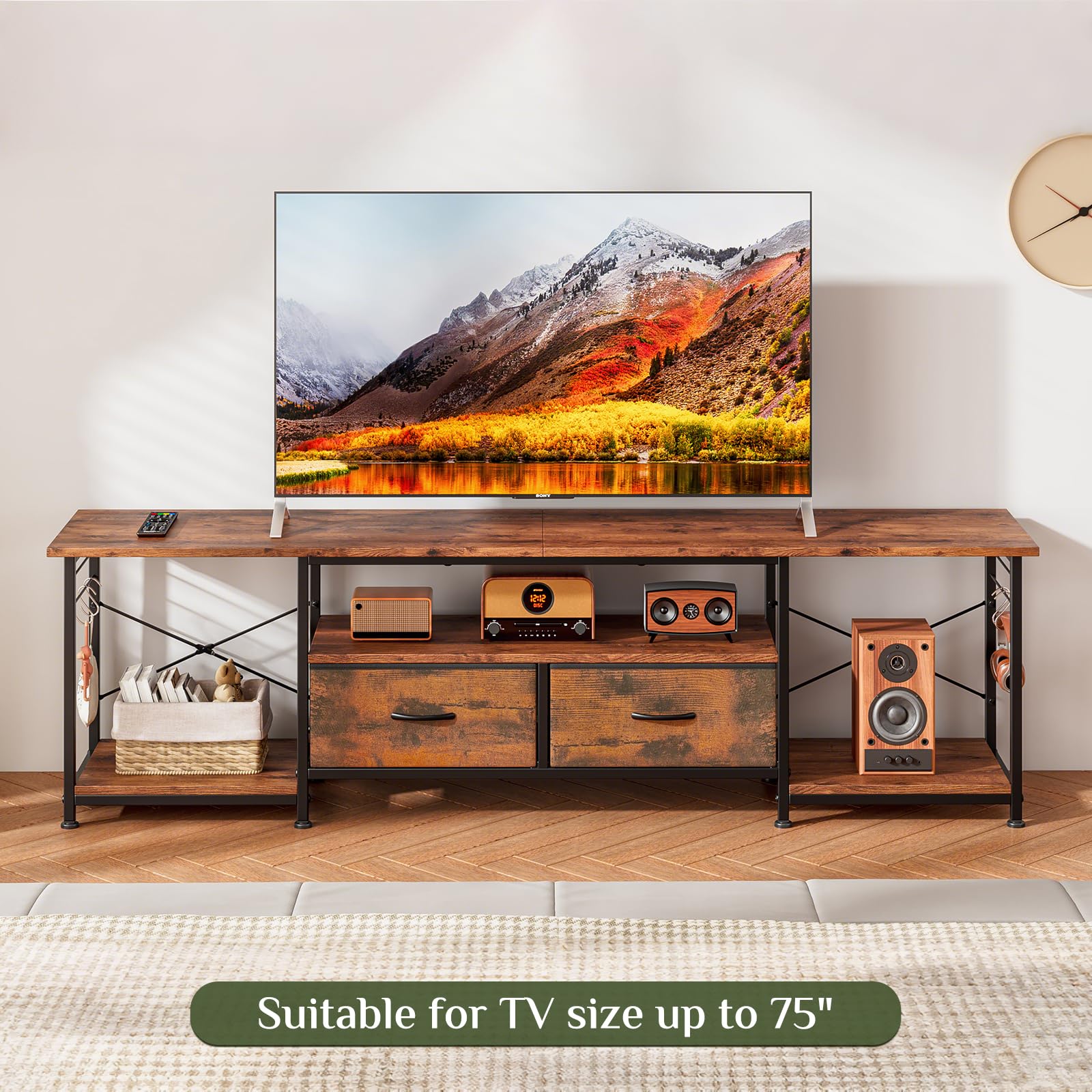 KZOBYD TV-Ständer für Fernseher bis zu 177,8 cm, TV-Einheit, TV-Konsolentisch mit Schublade und offenen Regalen, 160 cm, Media-Entertainment-Center, TV-Ständer, Kommode für Wohnzimmer und Schlafzimmer