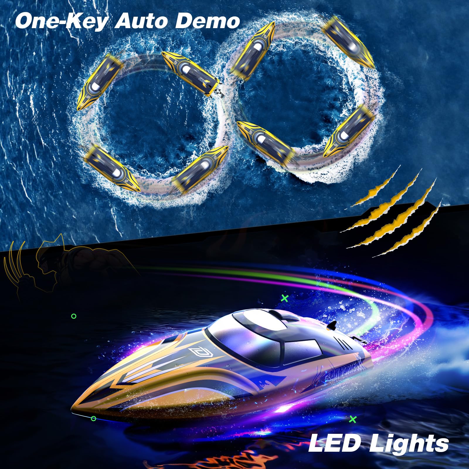 DEERC 14" Bateau télécommandé Rapide de avec lumières LED, 30+ Mins, 20+MPH, Bateau Rapide télécommandé à redressement Automatique pour Piscine et lac, Jouet Aquatique d'été pour Adultes et Enfants