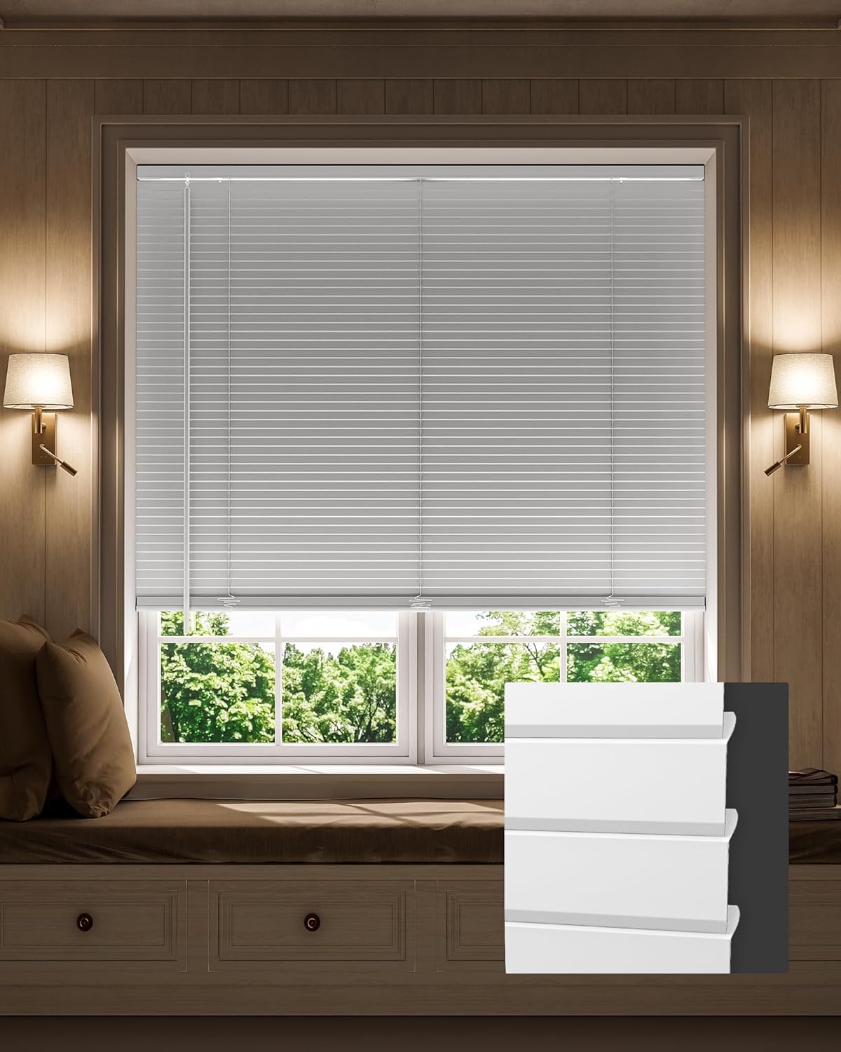 1" L-Shaped Blades Aluminum Mini Blinds, 100% Privacy Cordless Horizontal Blinds for Indoor Windows, for Winodws Size (34.5" W × 64" H) Color (White) White 34.5" W × 64" H