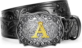 Western Cowboy Leather Belt Men Women, Gold Initial Letters ABCJMZ Buckle Embossed Belt for Jeans
