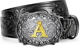 Western Cowboy Leather Belt Men Women, Gold Initial Letters ABCJMZ Buckle Embossed Belt for Jeans