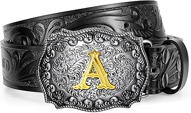 Western Cowboy Leather Belt Men Women, Gold Initial Letters ABCJMZ Buckle Embossed Belt for Jeans