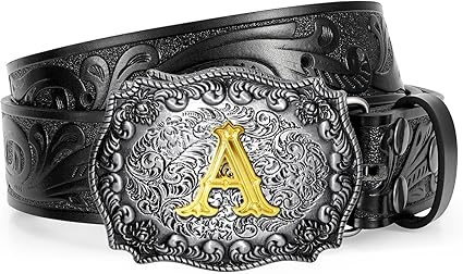 Western Cowboy Leather Belt Men Women, Gold Initial Letters ABCJMZ Buckle Embossed Belt for Jeans