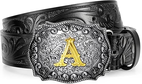 Western Cowboy Leather Belt Men Women, Gold Initial Letters ABCJMZ Buckle Embossed Belt for Jeans