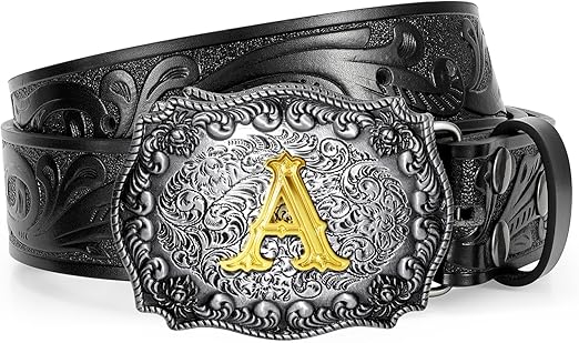 Western Cowboy Leather Belt Men Women, Gold Initial Letters ABCJMZ Buckle Embossed Belt for Jeans