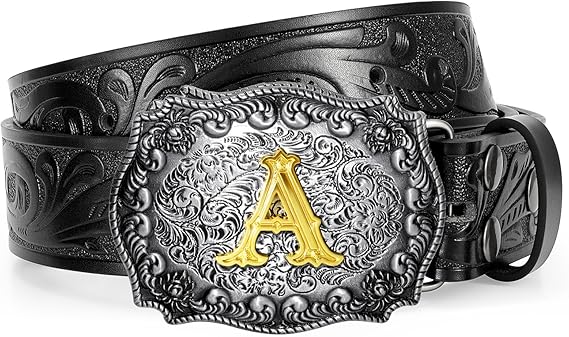 Western Cowboy Leather Belt Men Women, Gold Initial Letters ABCJMZ Buckle Embossed Belt for Jeans
