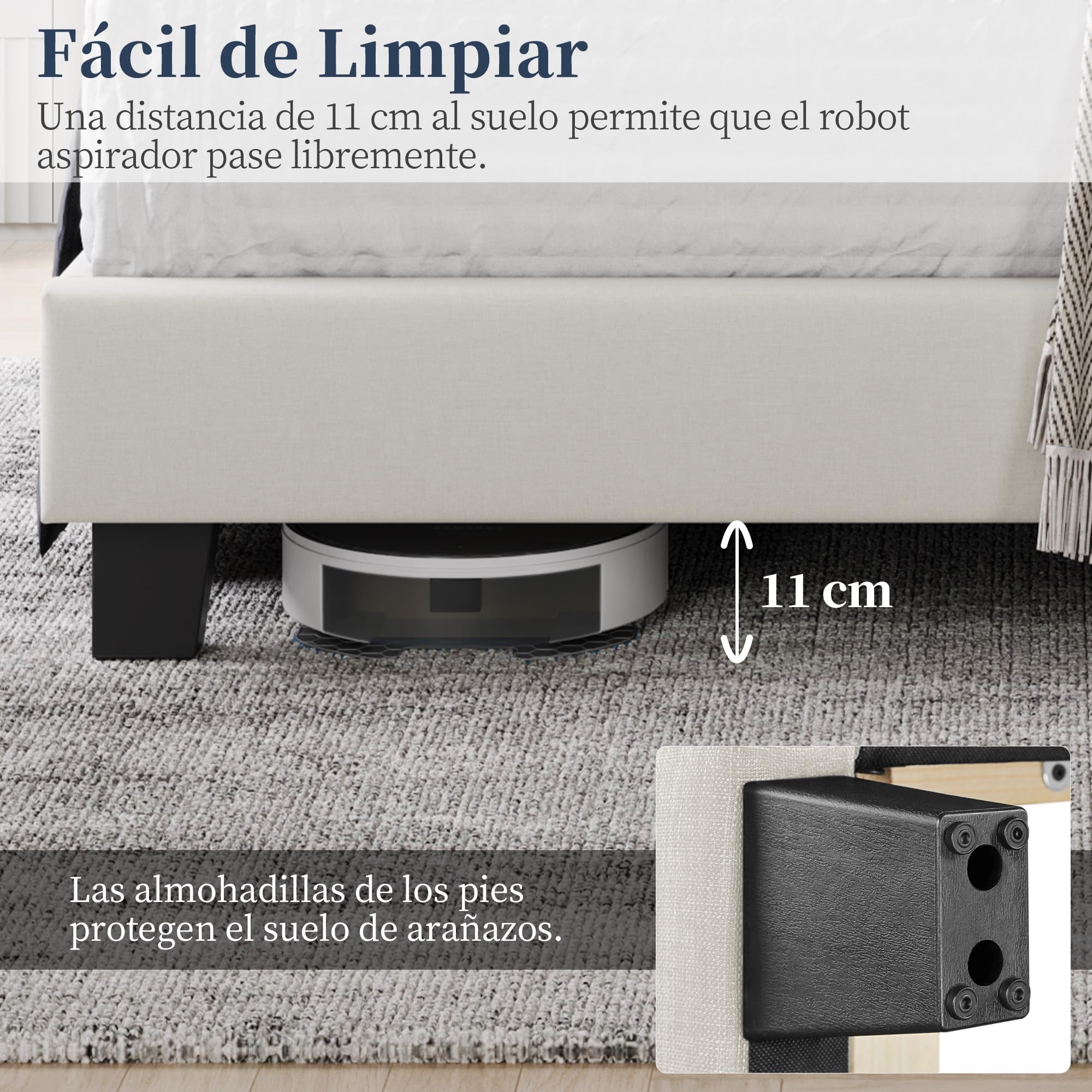 Yaheetech Cama Doble Tapizada 140 x 200cm con Somier de Lamas con Cabecero Rayado Moderno Estructura de Madera y Metal Marco de Cama para Adultos 2 Personas Beige