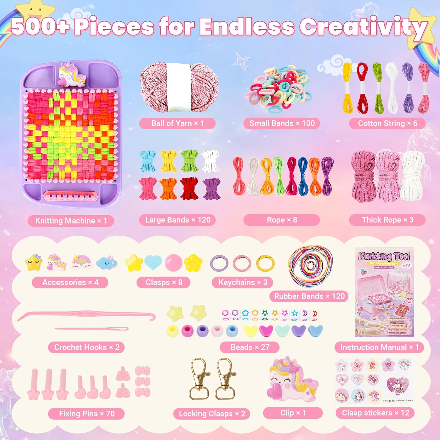 Weaving Loom Kit Toys,6-in-1 Friendship Bracelet Making Crafts Kit for Kids and Adults,Ideal Gifts for Ages 5 6 7 8-12 13,500+ Jewelry Elastic Potholder Loom Knitting Cloth Rubber Band Fabric Loops