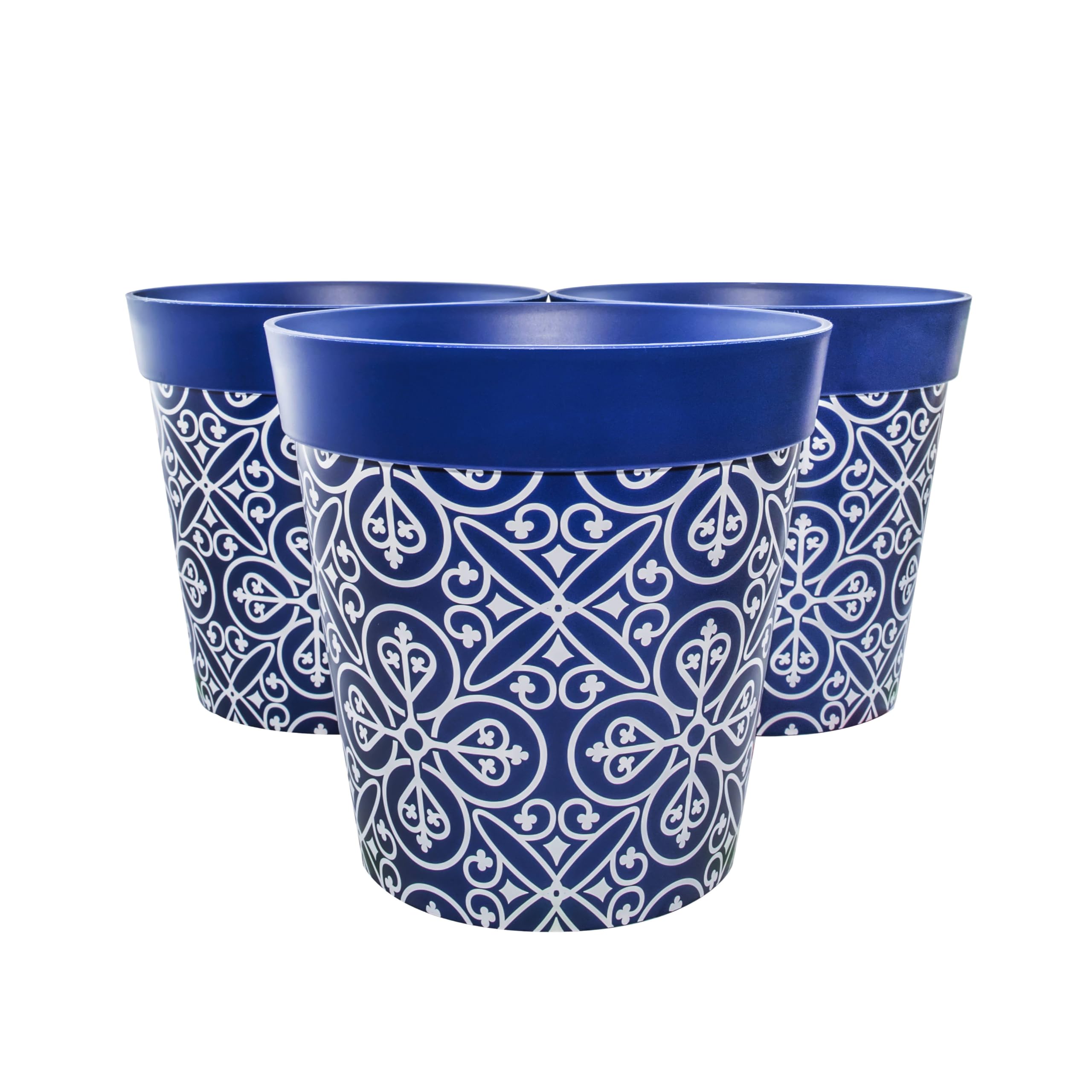 Hum Flowerpots, 25cm Set of 3, Various Patterns Colours and Sizes, Indoor/Outdoor Plastic Plant Pots (Blue Maroc)