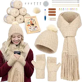 Kit de Tricô Katech para Iniciantes e Adultos - Kit Completo com Instruções Passo a Passo - Chapéu, Cachecol, Luvas de Tricô