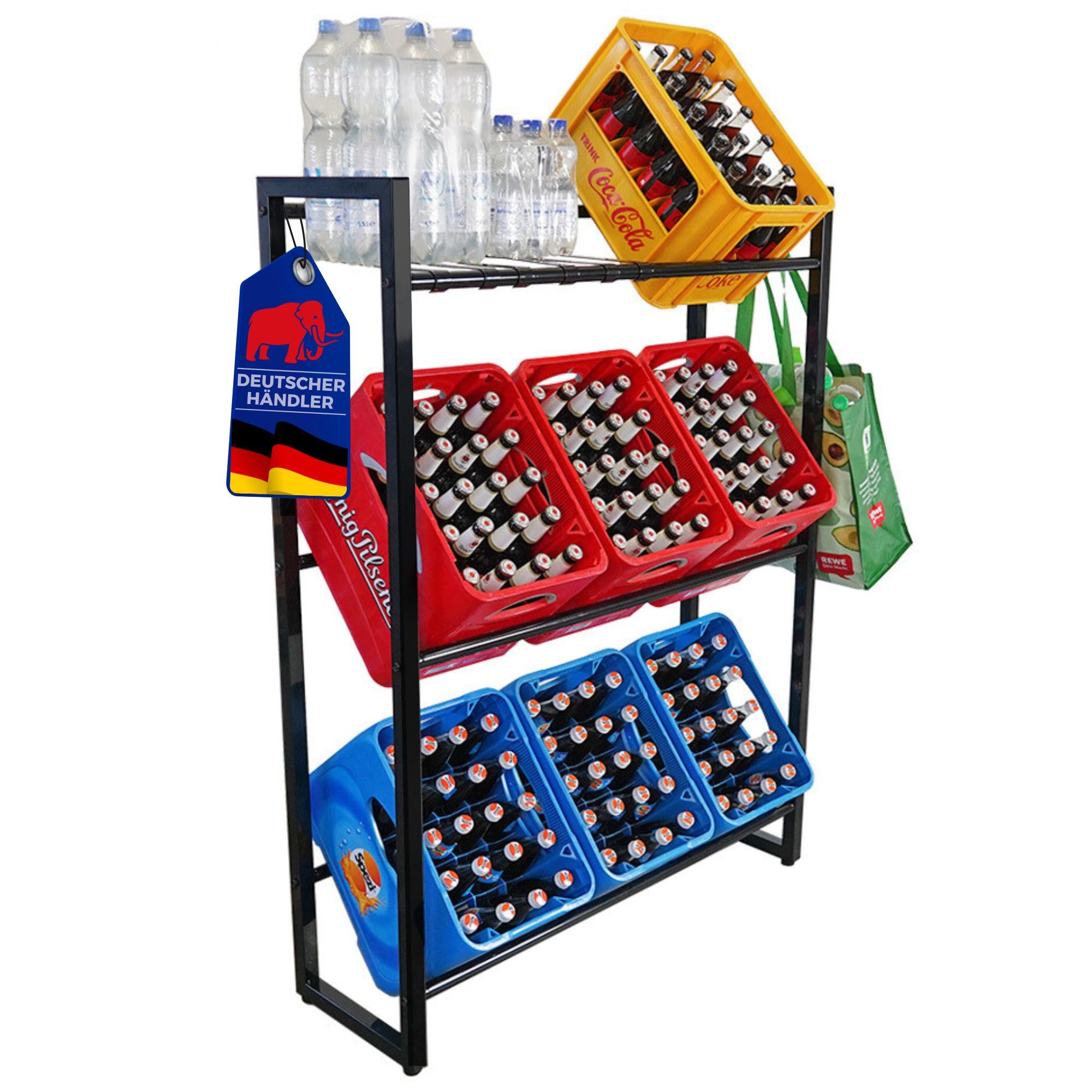 PROREGAL Getränkekistenregal KÖNIGSSEE XL PLUS mit 6 Auflageträger & 2 Haken | HxBxT 137x105x32 9 Kisten auf 3 Ebenen | Höhenverstellbare Füße | Schwarz Getränkeregal Wasserkistenregal Bierkistenregal