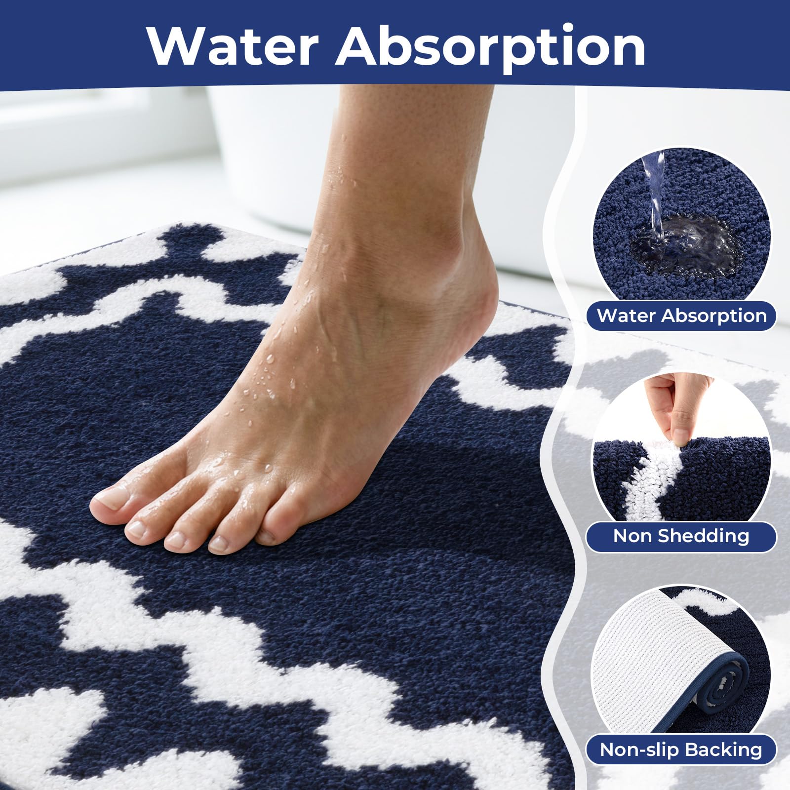 Juego de 3 Alfombra Baño Antideslizantes Alfombrilla Baño de Pelo Largo y Suave, Lavables a máquina, Azul Marino + Blanco