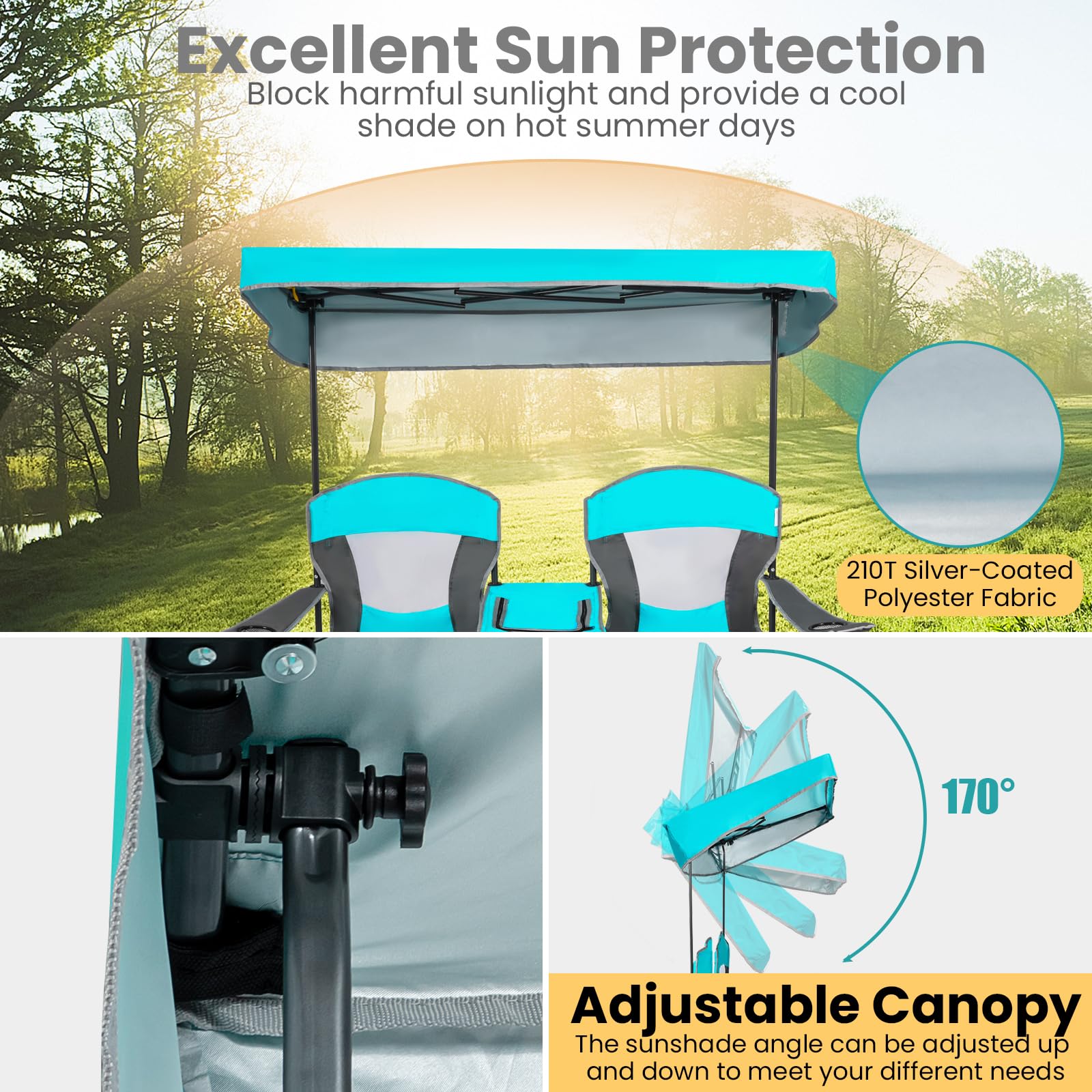 KOTEK Chaise De Camping Double, Chaise De Plage Pliante Avec Parapluie Amovible, Porte-gobelets, Sac Isotherme, Poche Latérale Et Sac De Transport, Chaise De Camping Pour 2 Personnes Pour L'extérieur