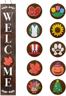 Monjita Welcome Sign for Front Porch Standing, Interchangeable Welcome Standing Sign with 5 Designed DoubleSided Icons for Front Door, All Seasonal Farmhouse Rustic Modern Porch Decor for Fall