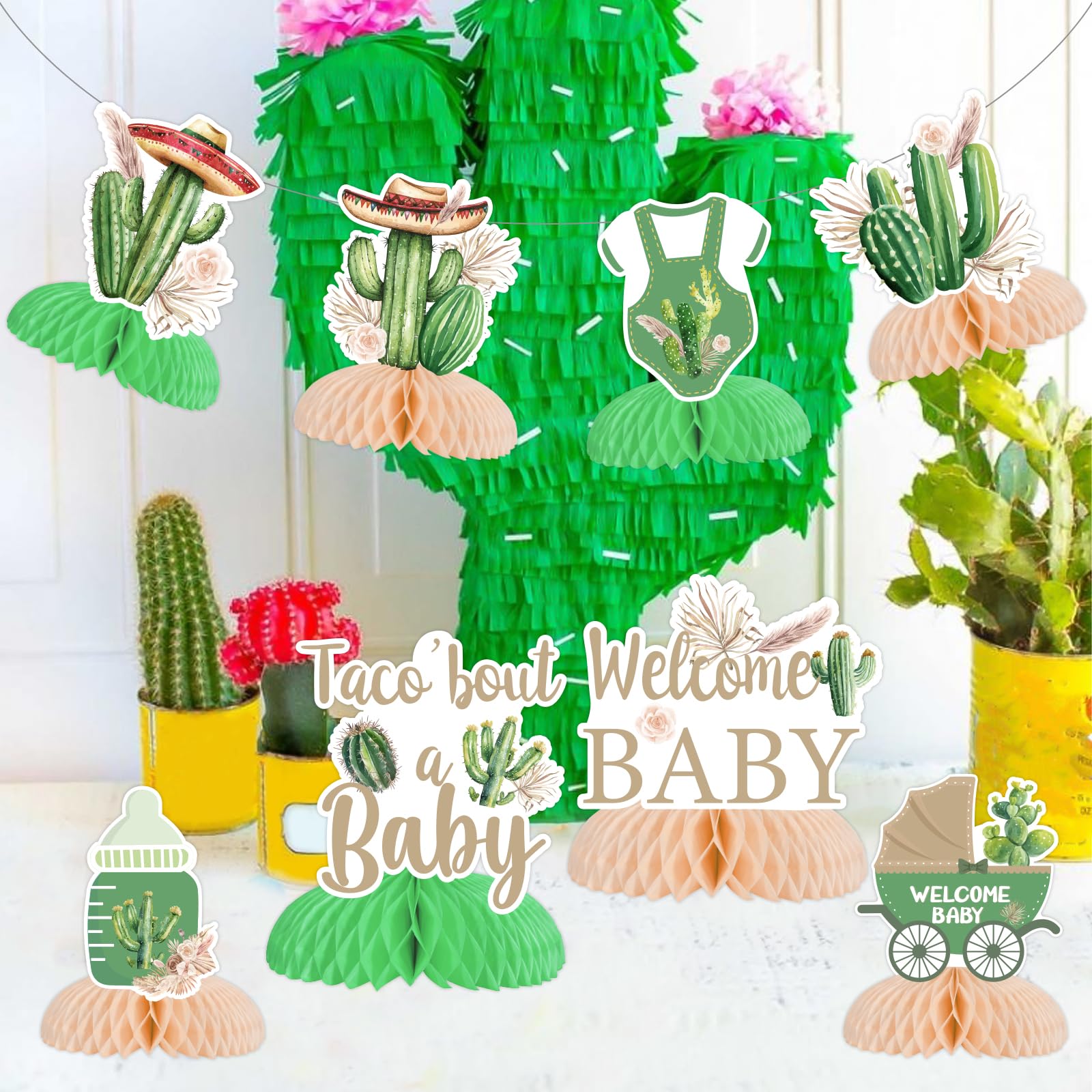 JOYMEMO 8Pcs Cactus Baby Shower Honeycomb Centerpieces, Mexican Fiesta Succulent Table Centerpieces Taco Bout A Baby Decor - Image 2