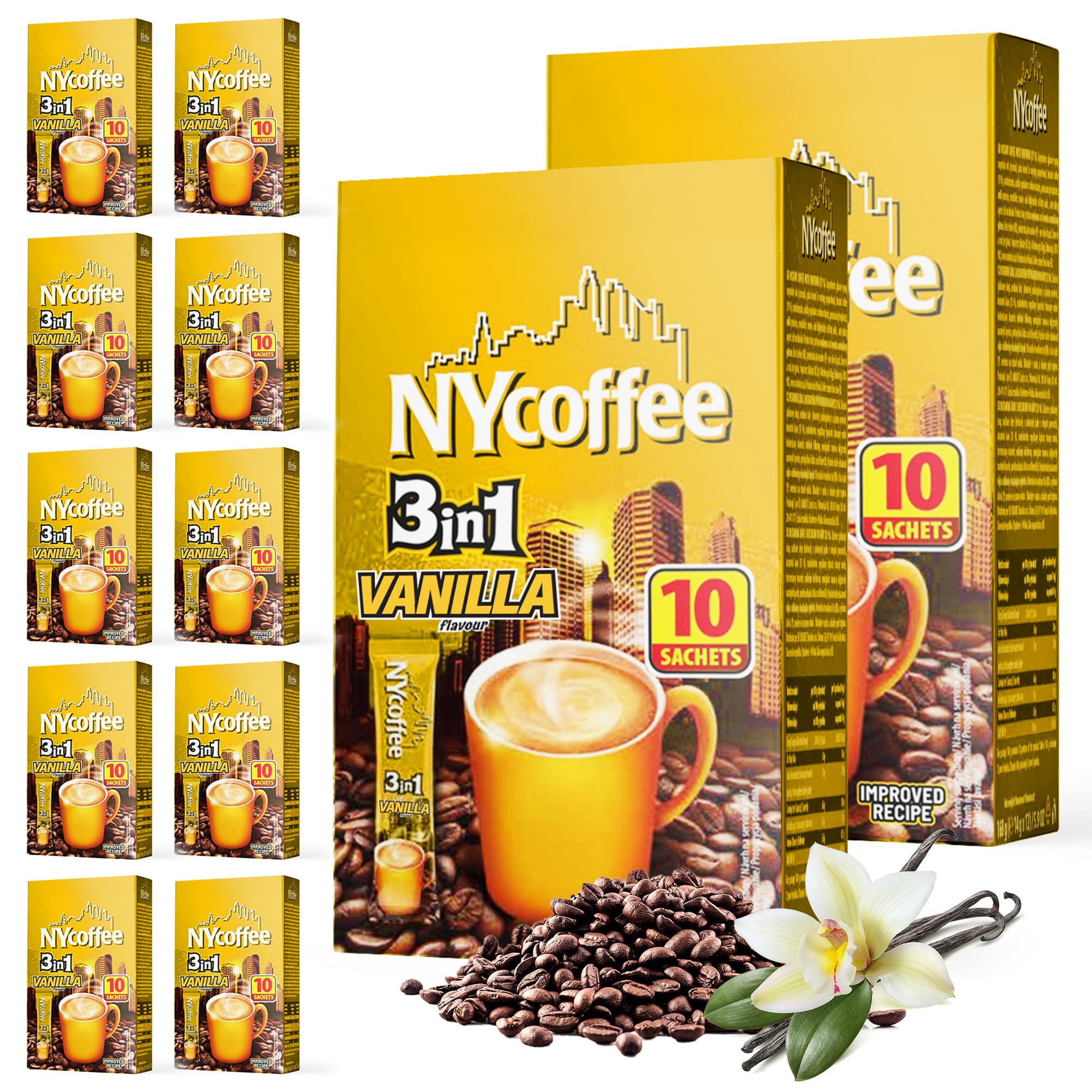 SOL 100pk Bulk NY 3-in-1 Coffee Sachets, Vanilla Latte Flavour, Case Pack Includes 10 x 10 Individually Wrapped Instant Sticks, Convenient and Portable, Perfect for Home, Office, or Travel