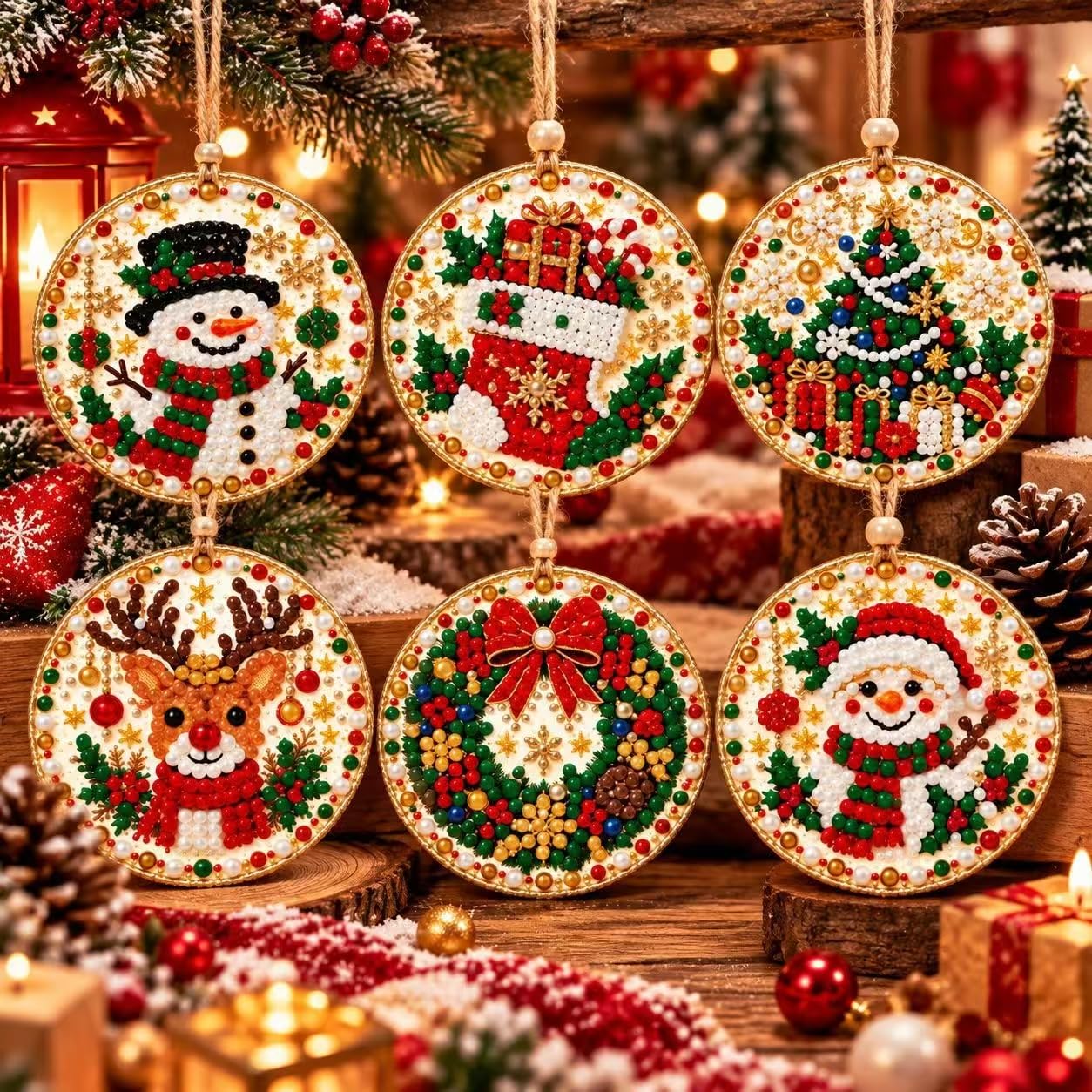 Christmas Pearl Diamond Painting Kits 6Pcs DIY Beaded Art Hanging Ornaments