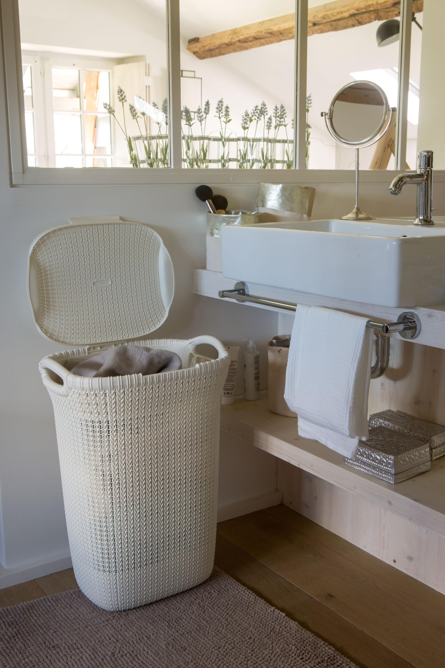 Curver Knit Wäschekorb 2er Set mit Deckel aus Kunststoff, 57 Liter, rechteckig, Weiß, mit Griffen und Belüftungsöffnungen