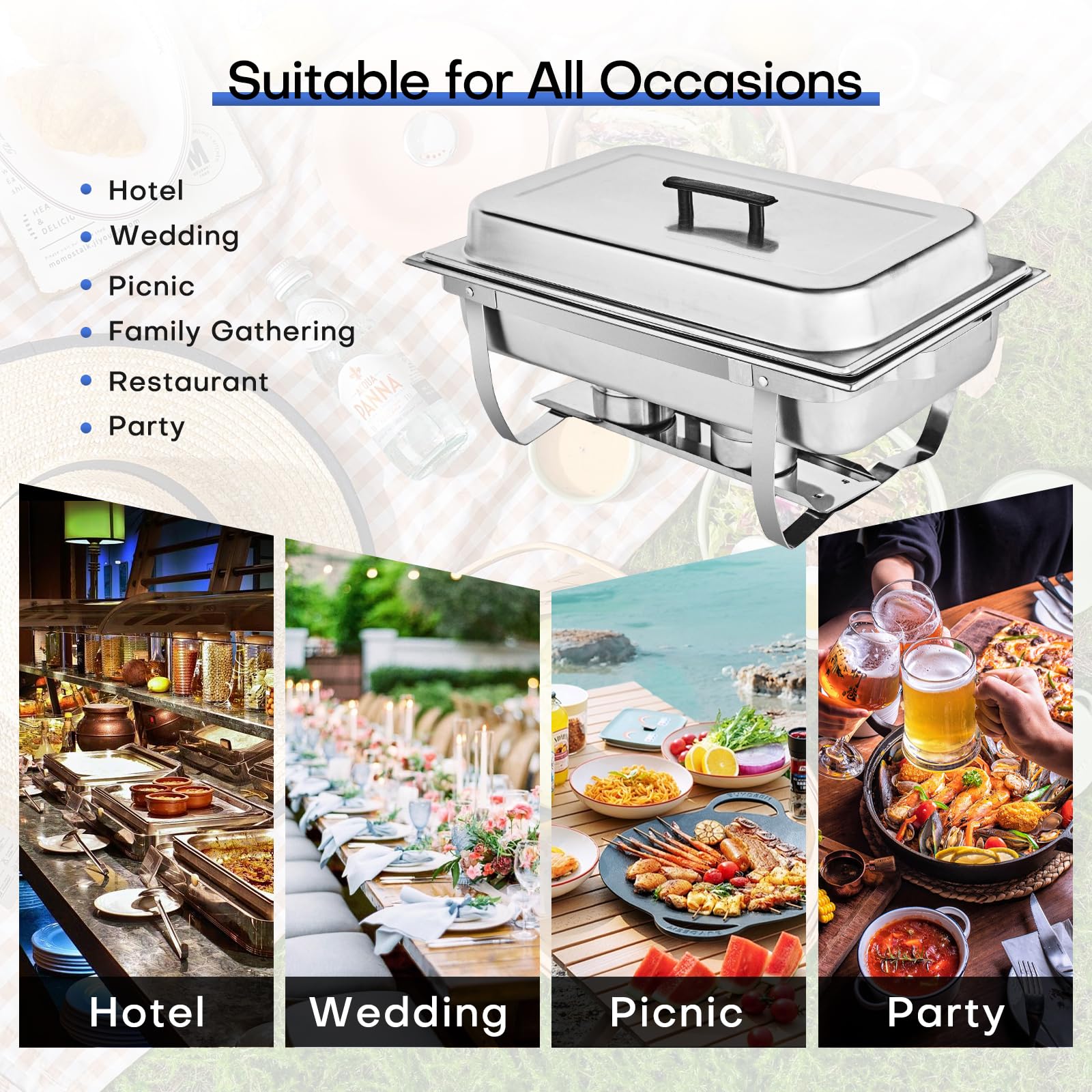 8QT 2Pack Scaldavivande Catering Buffet Set,SS201 Rettangolo scalda vivande Elettrico Professionale, Armadio riscaldante per Alimenti, Cornice Spessa,per Catering, Buffet e Feste,Argento