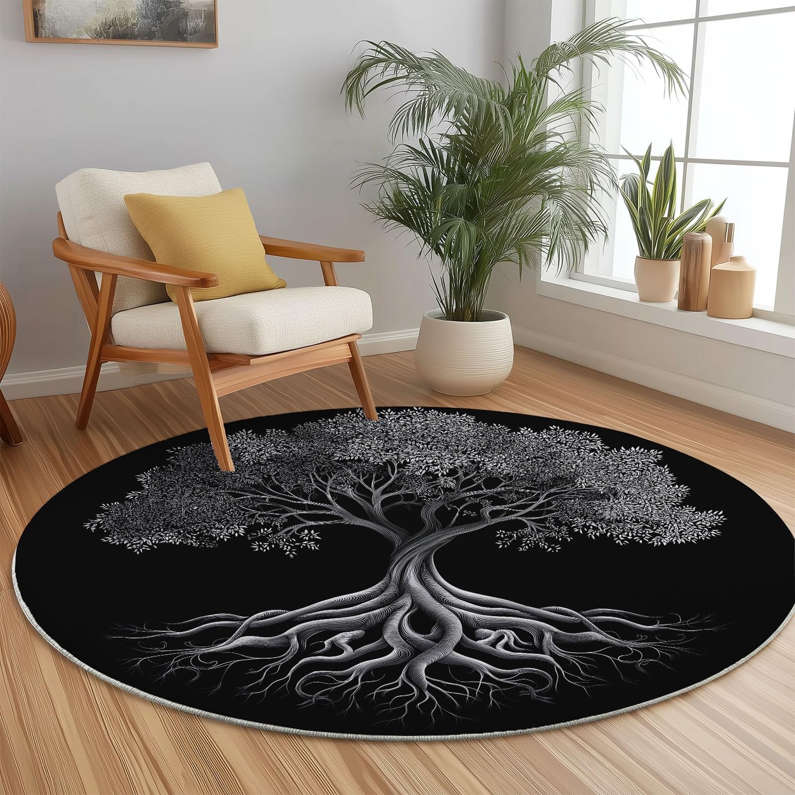 Tappeto rotondo da 210 cm, stile retrò, con albero della vita, moderno, antiscivolo, in flanella nera, lavabile, morbido, per cameretta dei bambini, stanza dei giochi, camera da letto, decorazione