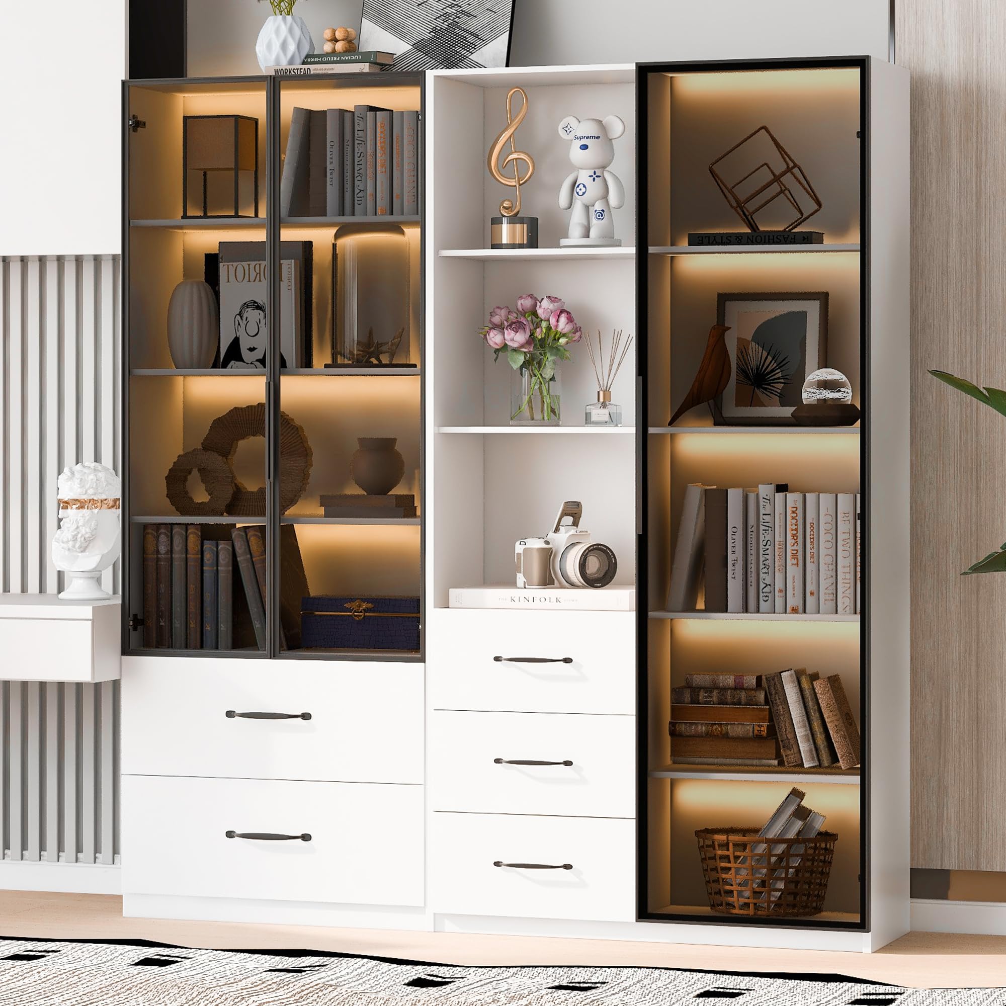 Vetrina LED multifunzione 140 × 40 × 160, libreria e armadietto con vetro, scomparti aperti, cerniere delicate, illuminazione multicolore LED, vetrina antipolvere (bianco)