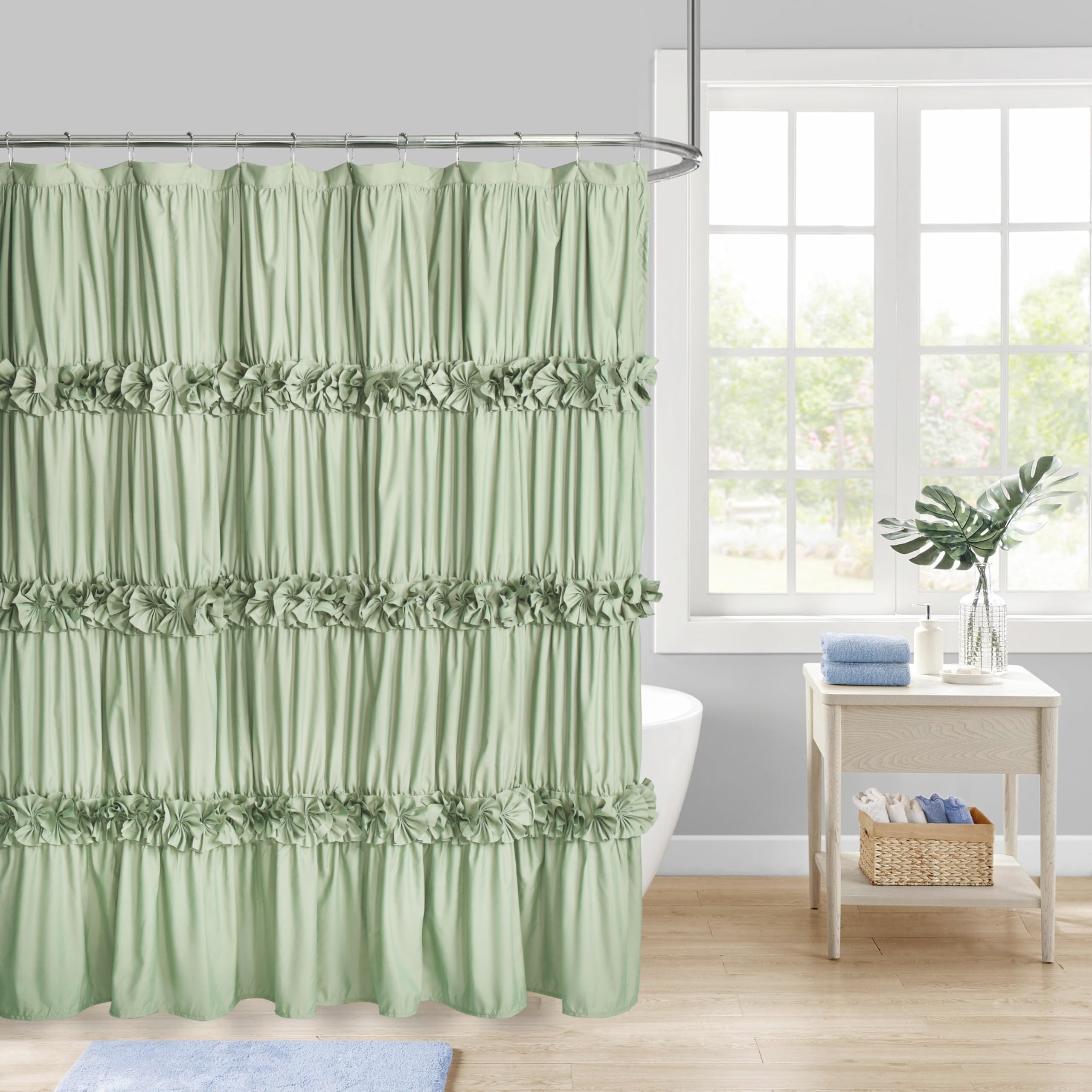 Homechoice Decor Sage Ruffle Shower Curtain, Vintage Handcrafted Bow Tie Bath Curtain for Master Bathroom, Ruched Microfiber Bathroom Curtain with 12 Buttonholes, 72" W x 72" H (LQ-10)