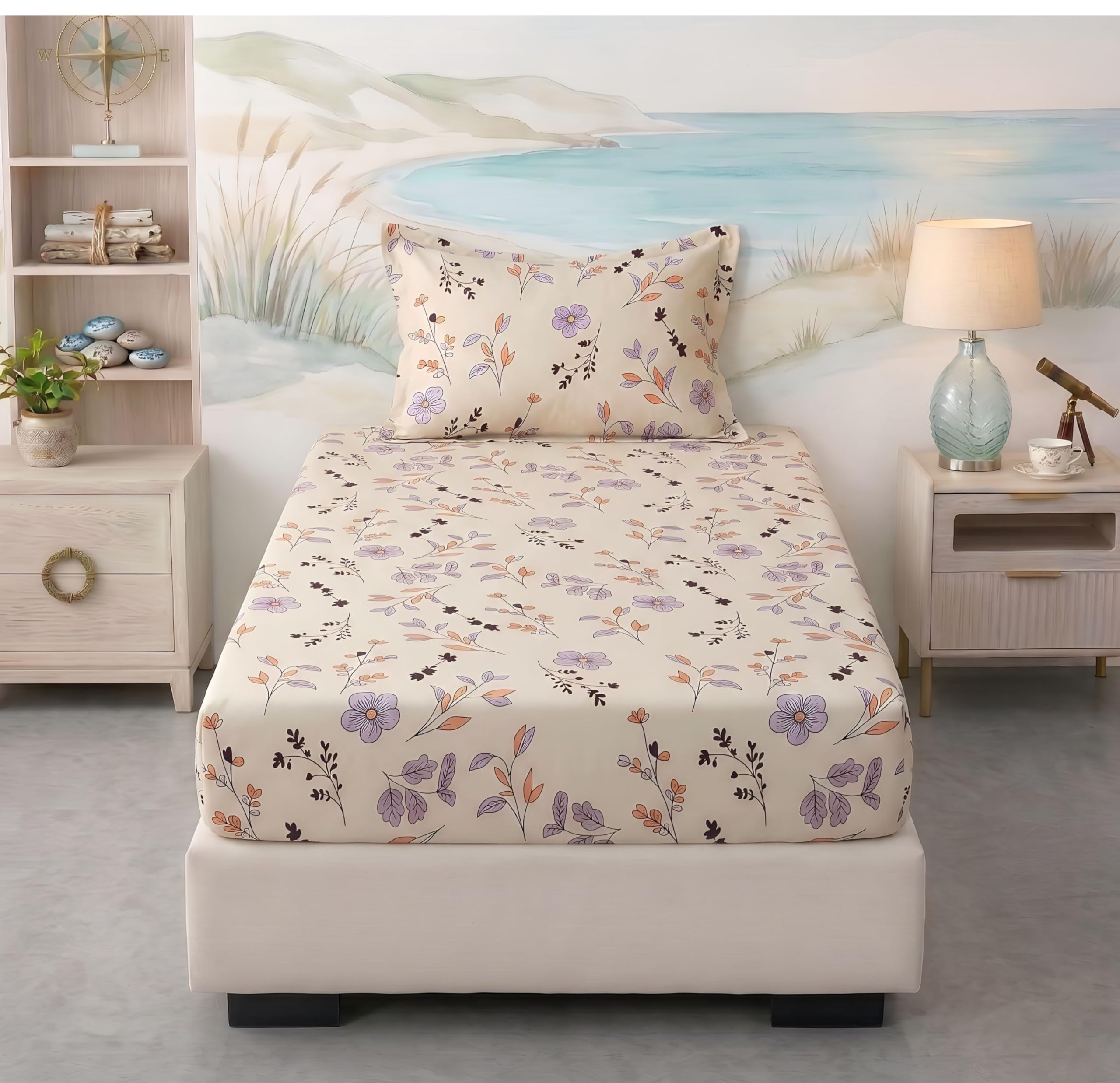 BSB HOME 220 TC Cotton Fitted Single Bedsheet with 1 Pillow Cover, Soft Breathable, Elastic Fit, Fade Resistant, Easy Care – 36 x 72 + 6 Inches (Ivory Blossom Multi)