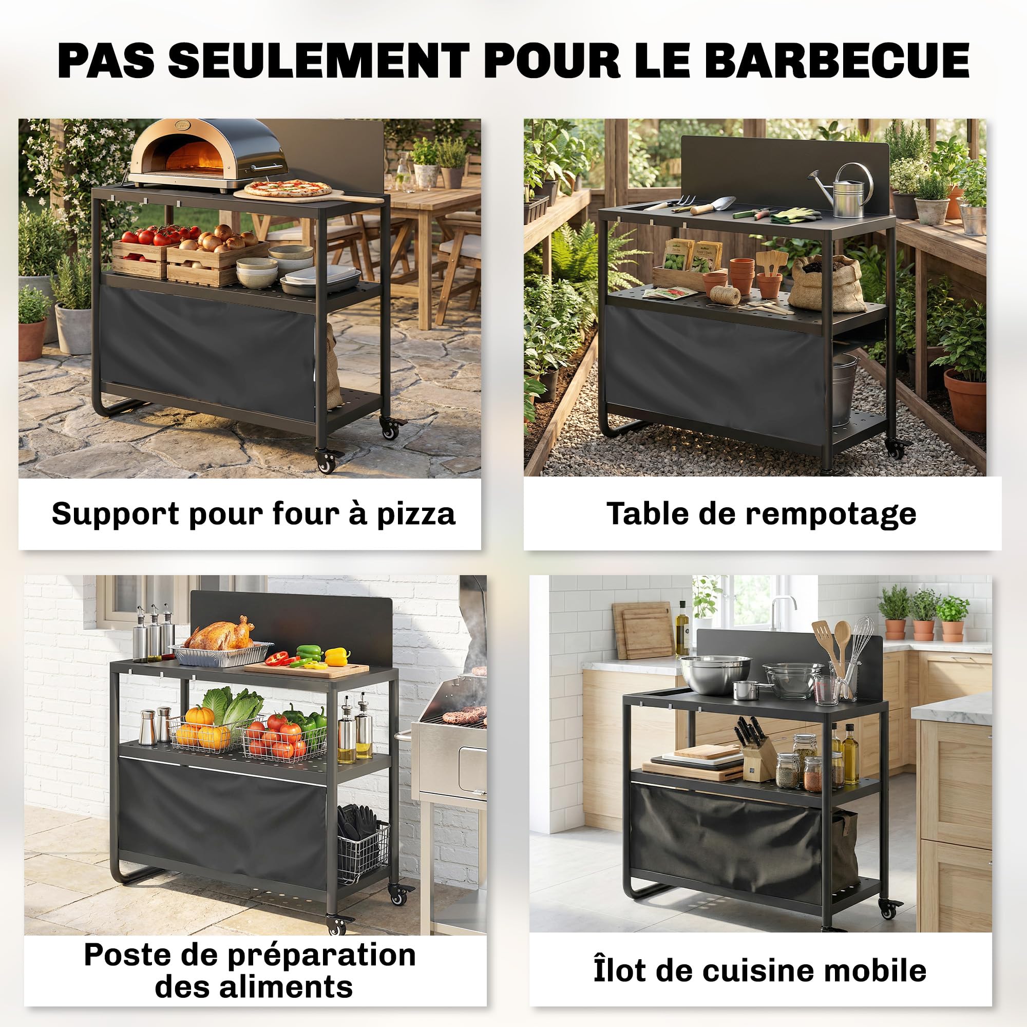 Outsunny Chariot de Barbecue en Acier 100x46x110cm avec Pare-vent - Desserte de Jardin 3 Niveaux Mobile avec Rideau Oxford - Station de Cuisson pour Plancha et Four à Pizza avec Rangement, Noir