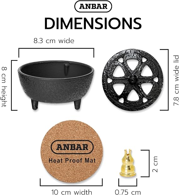 Anbar Lotus Flower Incense Burner, Cast Iron Bowl and Lid for Sticks, Cones, Wax Melts, Charcoal and Resin, Traditional Oriental Zen Home Decor, Supports Aromatherapy and Mindfulness