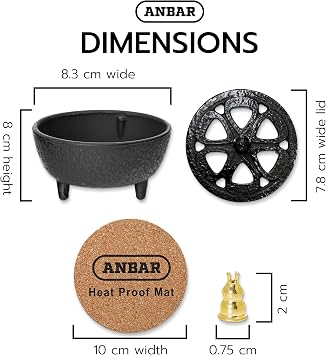 Anbar Lotus Flower Incense Burner, Cast Iron Bowl and Lid for Sticks, Cones, Wax Melts, Charcoal and Resin, Traditional Oriental Zen Home Decor, Supports Aromatherapy and Mindfulness